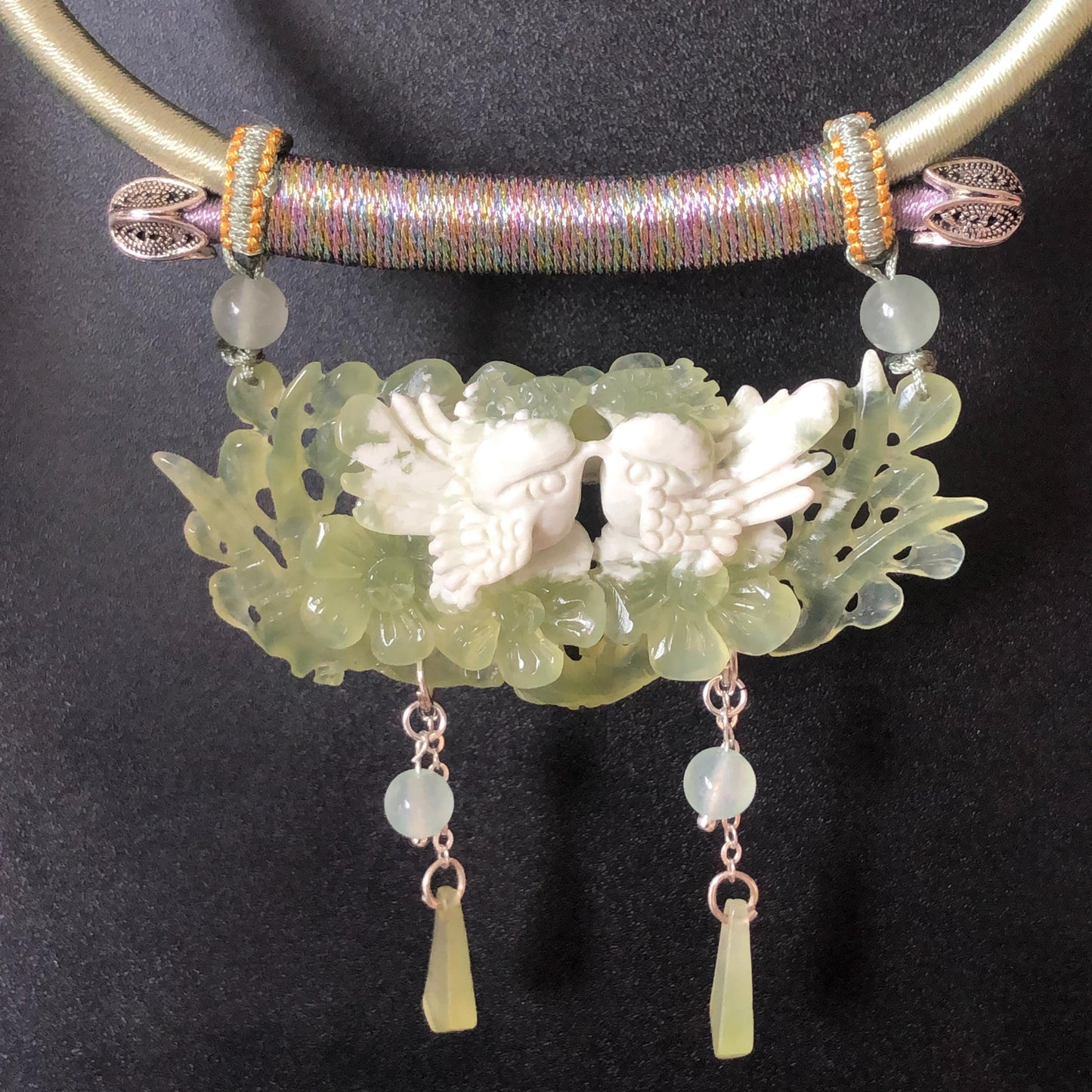 Certified Natural Xiu Jade Serpentine Hand Carved Magpie Birds Plum Blossom Flower Pendant Adjustable Vintage Necklace | Green & White Stone Pendant green jade carving white jade charm antique necklace chinese traditional charm necklace hand carved charm adjustable necklace bird carving magpie carving plum blossom carving gift for her natural untreated jade with certificate luck charm