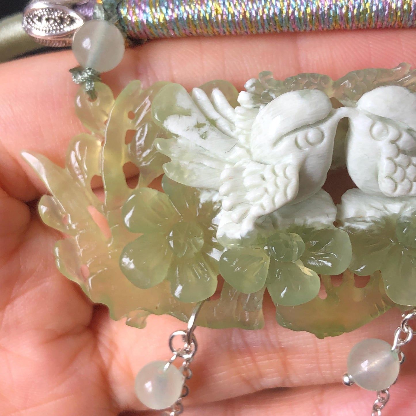 Certified Natural Xiu Jade Serpentine Hand Carved Magpie Birds Plum Blossom Flower Pendant Adjustable Vintage Necklace | Green & White Stone Pendant green jade carving white jade charm antique necklace chinese traditional charm necklace hand carved charm adjustable necklace bird carving magpie carving plum blossom carving gift for her natural untreated jade with certificate luck charm