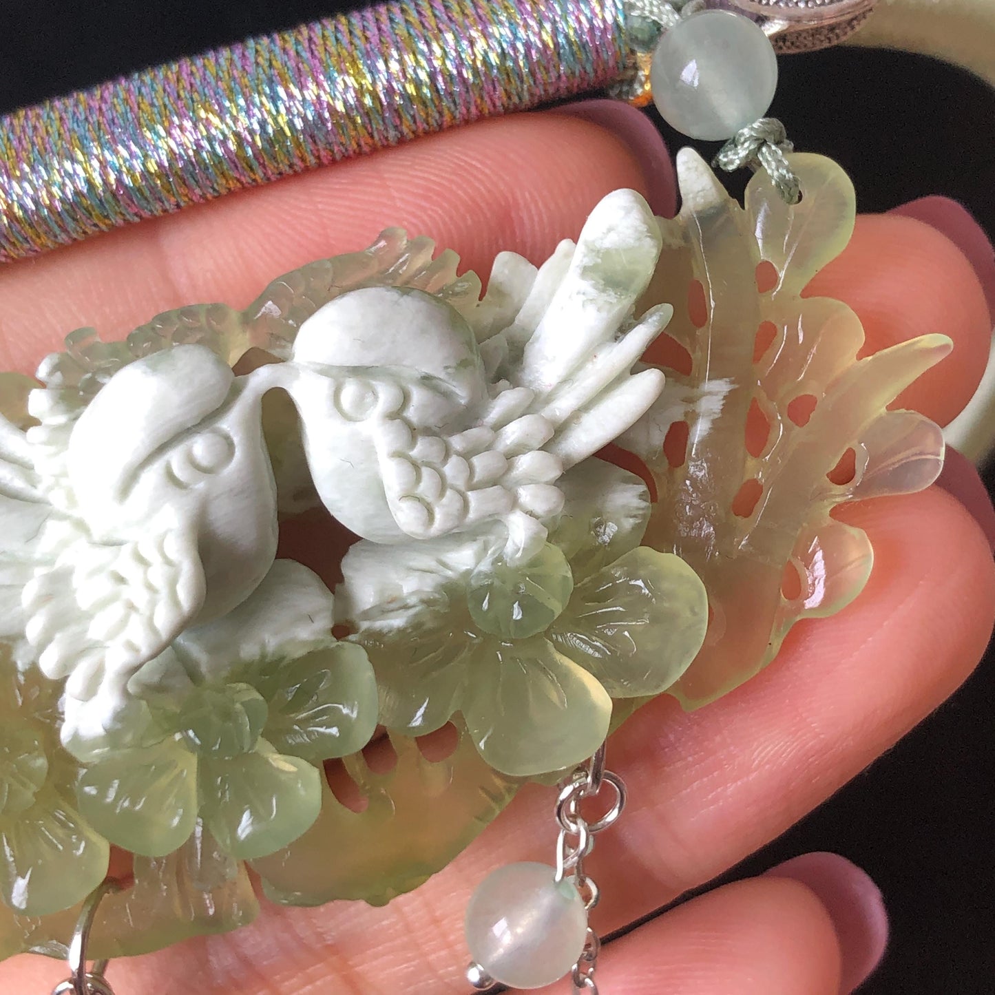 Certified Natural Xiu Jade Serpentine Hand Carved Magpie Birds Plum Blossom Flower Pendant Adjustable Vintage Necklace | Green & White Stone Pendant green jade carving white jade charm antique necklace chinese traditional charm necklace hand carved charm adjustable necklace bird carving magpie carving plum blossom carving gift for her natural untreated jade with certificate luck charm