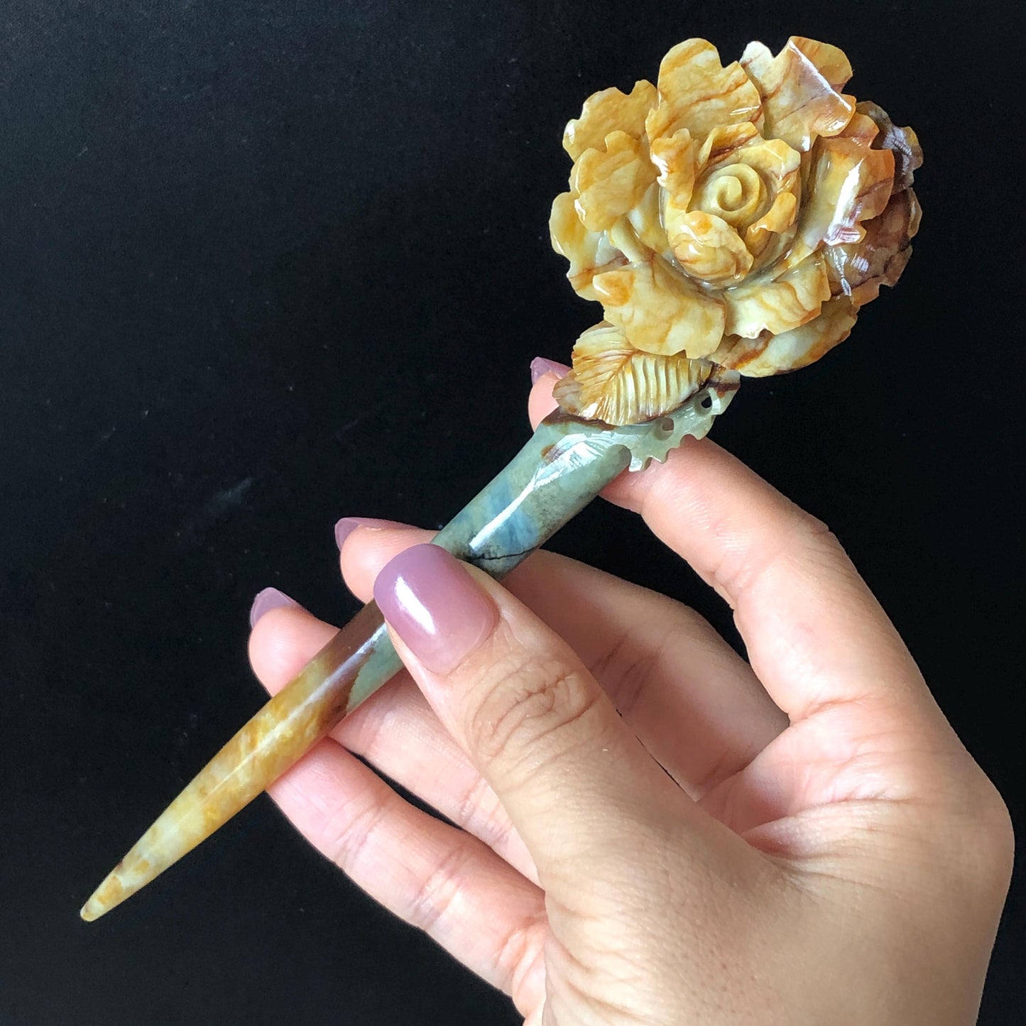 Certified Natural Xiu Jade Serpentine Hand Carved Rose Flower Hair Pin | Green Yellow Brown Green Jade Hair Stick | Asian Chinese Hair Fork Gift for her green jade yellow jade brown jade carving rose carving flower carving hand engraved rose hair pins hand carved flower hair stick japanese hair clip korean hair comb asian hair stick bridal shower hair clip wedding hair accessories natural untreated jade with certificiate