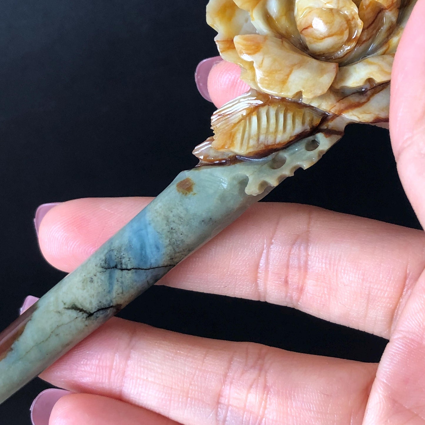 Certified Natural Xiu Jade Serpentine Hand Carved Rose Flower Hair Pin | Green Yellow Brown Green Jade Hair Stick | Asian Chinese Hair Fork Gift for her green jade yellow jade brown jade carving rose carving flower carving hand engraved rose hair pins hand carved flower hair stick japanese hair clip korean hair comb asian hair stick bridal shower hair clip wedding hair accessories natural untreated jade with certificiate