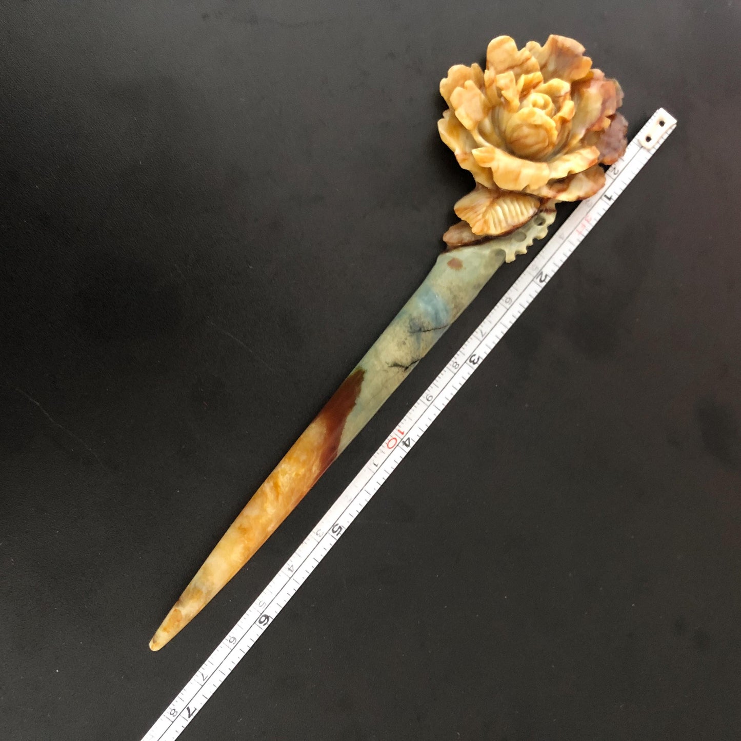 Certified Natural Xiu Jade Serpentine Hand Carved Rose Flower Hair Pin | Green Yellow Brown Green Jade Hair Stick | Asian Chinese Hair Fork Gift for her green jade yellow jade brown jade carving rose carving flower carving hand engraved rose hair pins hand carved flower hair stick japanese hair clip korean hair comb asian hair stick bridal shower hair clip wedding hair accessories natural untreated jade with certificiate