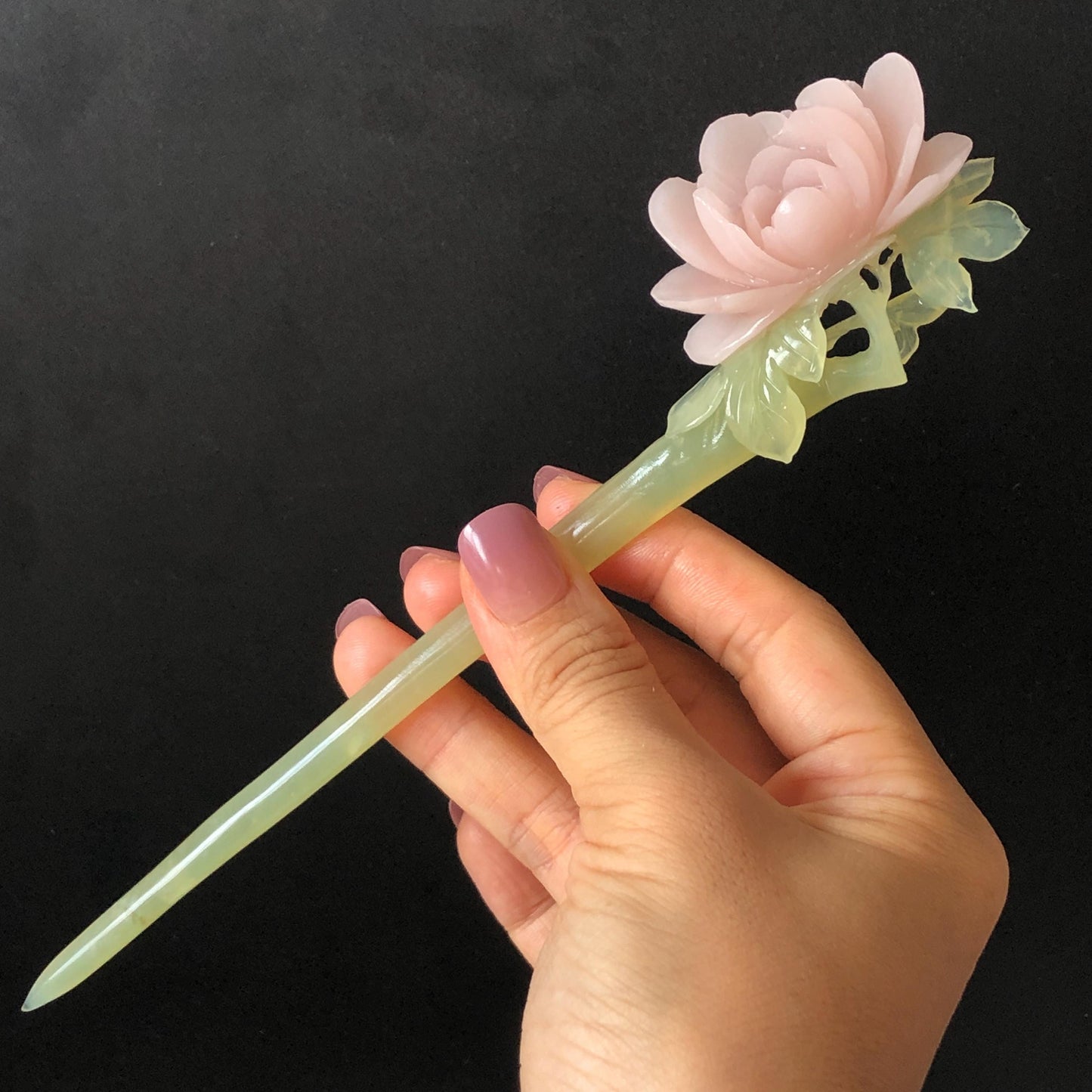 Xiu Jade Serpentine Hand Carved Pink Peony Flower Hair Pin | Pink & Green Jade Hair Stick | Asian Chinese Vintage Bridal Hair Accessories Gift for her pink jade carving green jade hand engraved peony hairpins flower carving peony carving vinatge hairpins antique hair fork japanese hair clip korean hair comb hanfu hair stick bridal shower gift wedding hair jewelry engagement hair clip