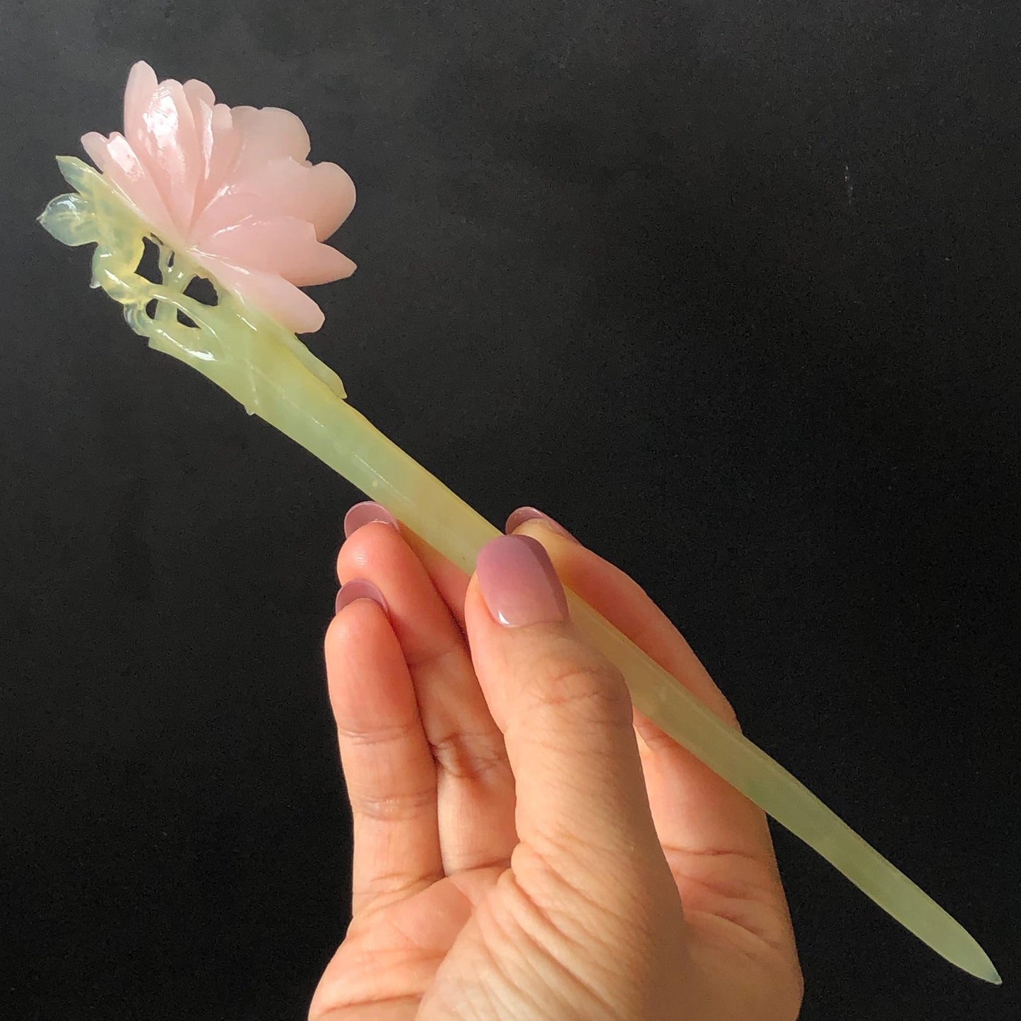 Xiu Jade Serpentine Hand Carved Pink Peony Flower Hair Pin | Pink & Green Jade Hair Stick | Asian Chinese Vintage Bridal Hair Accessories Gift for her pink jade carving green jade hand engraved peony hairpins flower carving peony carving vinatge hairpins antique hair fork japanese hair clip korean hair comb hanfu hair stick bridal shower gift wedding hair jewelry engagement hair clip
