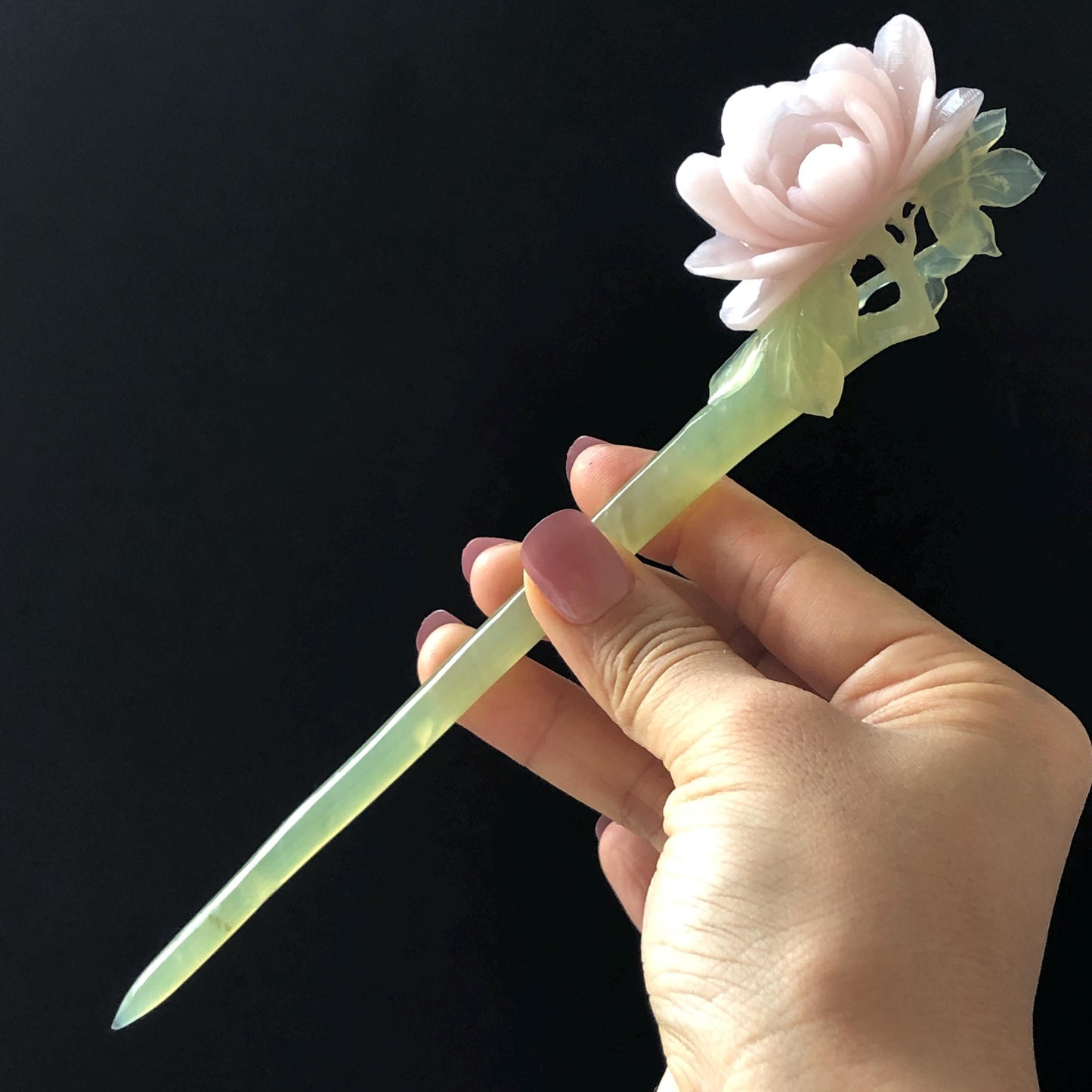 Xiu Jade Serpentine Hand Carved Pink Peony Flower Hair Pin | Pink & Green Jade Hair Stick | Asian Chinese Vintage Bridal Hair Accessories Gift for her pink jade carving green jade hand engraved peony hairpins flower carving peony carving vinatge hairpins antique hair fork japanese hair clip korean hair comb hanfu hair stick bridal shower gift wedding hair jewelry engagement hair clip