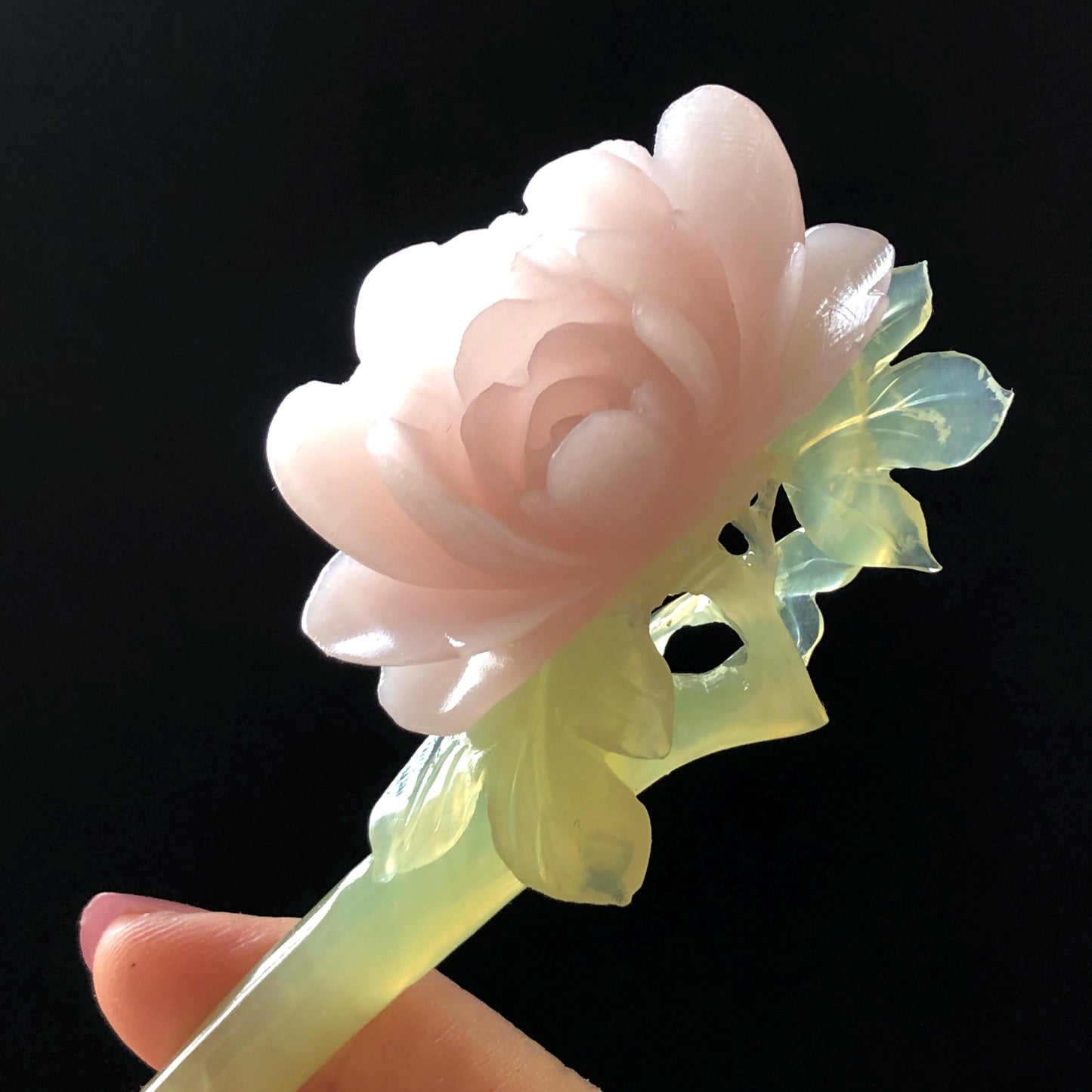Xiu Jade Serpentine Hand Carved Pink Peony Flower Hair Pin | Pink & Green Jade Hair Stick | Asian Chinese Vintage Bridal Hair Accessories Gift for her pink jade carving green jade hand engraved peony hairpins flower carving peony carving vinatge hairpins antique hair fork japanese hair clip korean hair comb hanfu hair stick bridal shower gift wedding hair jewelry engagement hair clip