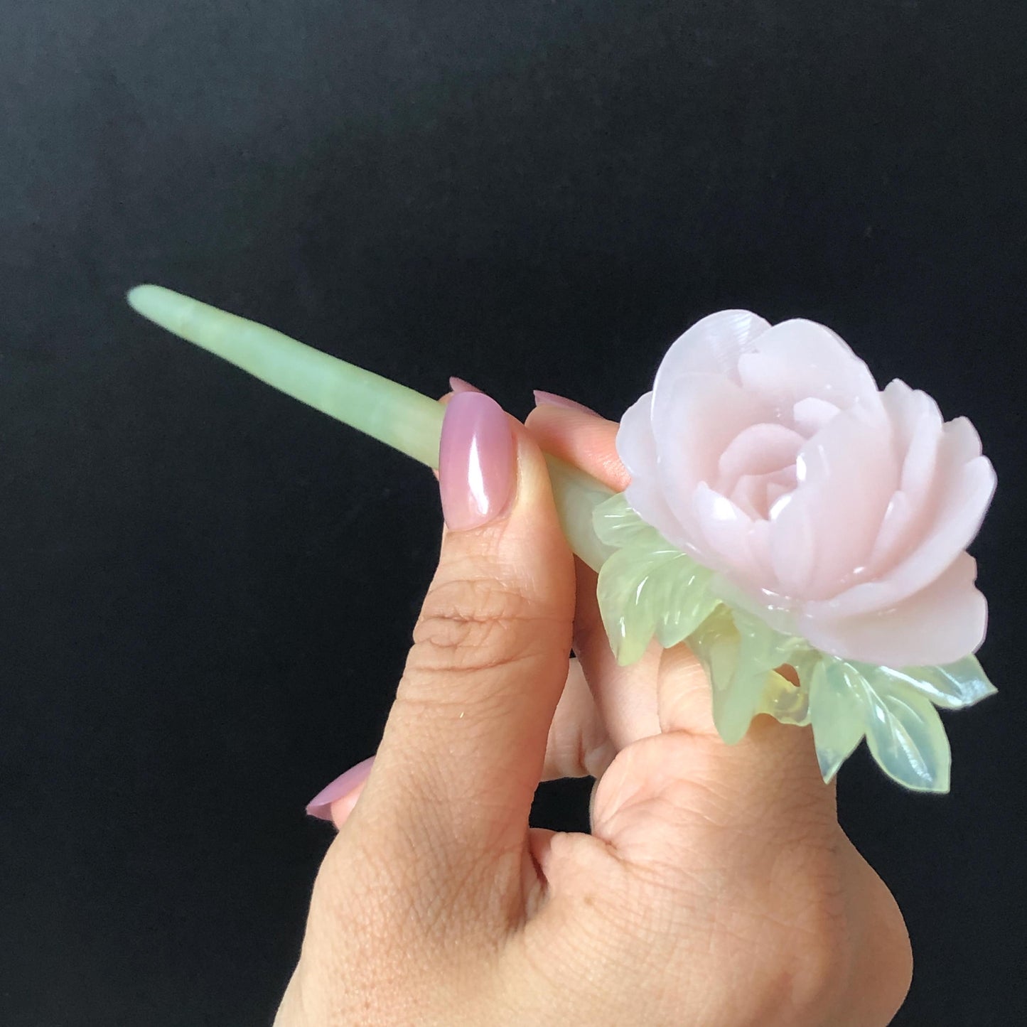 Xiu Jade Serpentine Hand Carved Pink Peony Flower Hair Pin | Pink & Green Jade Hair Stick | Asian Chinese Vintage Bridal Hair Accessories Gift for her pink jade carving green jade hand engraved peony hairpins flower carving peony carving vinatge hairpins antique hair fork japanese hair clip korean hair comb hanfu hair stick bridal shower gift wedding hair jewelry engagement hair clip