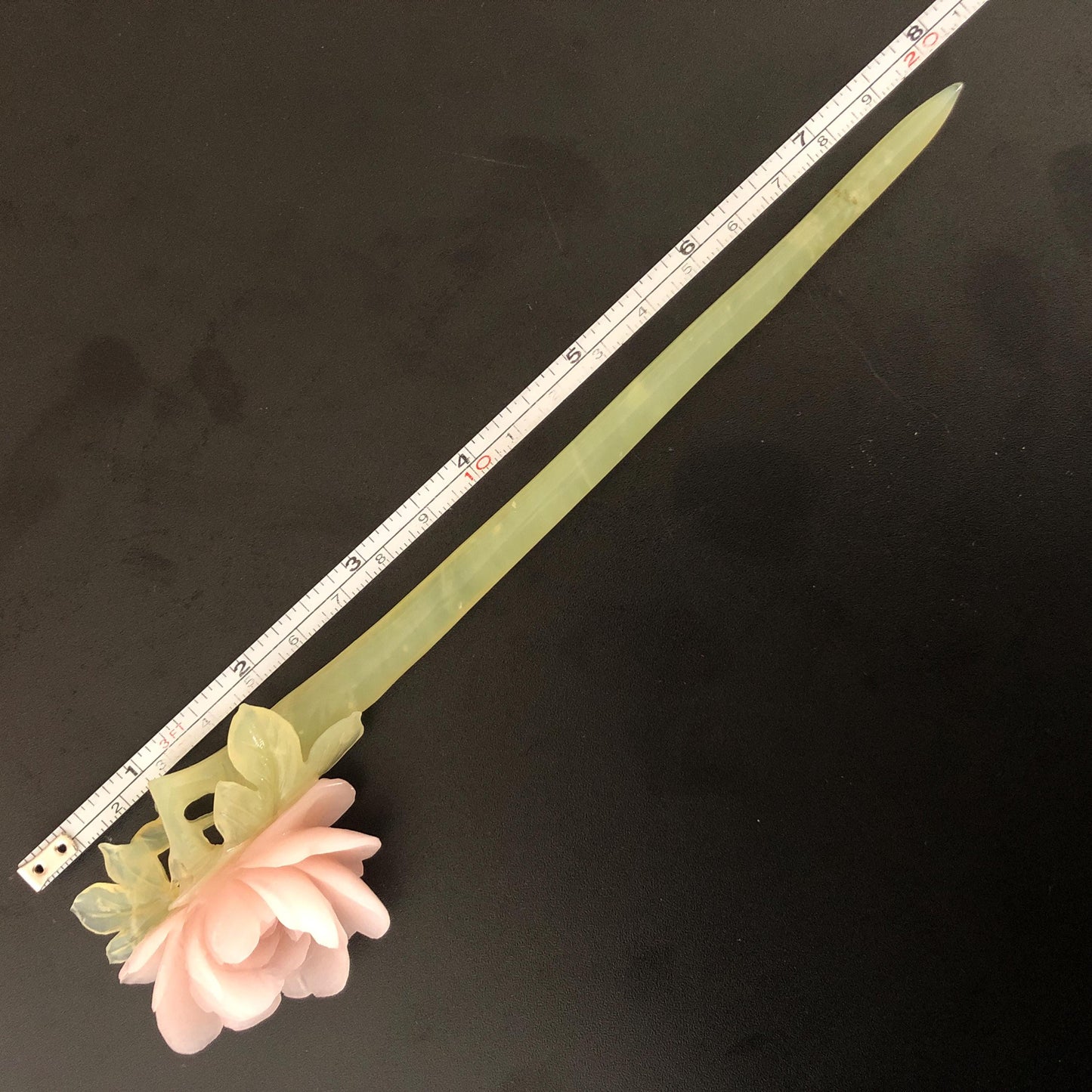 Xiu Jade Serpentine Hand Carved Pink Peony Flower Hair Pin | Pink & Green Jade Hair Stick | Asian Chinese Vintage Bridal Hair Accessories Gift for her pink jade carving green jade hand engraved peony hairpins flower carving peony carving vinatge hairpins antique hair fork japanese hair clip korean hair comb hanfu hair stick bridal shower gift wedding hair jewelry engagement hair clip