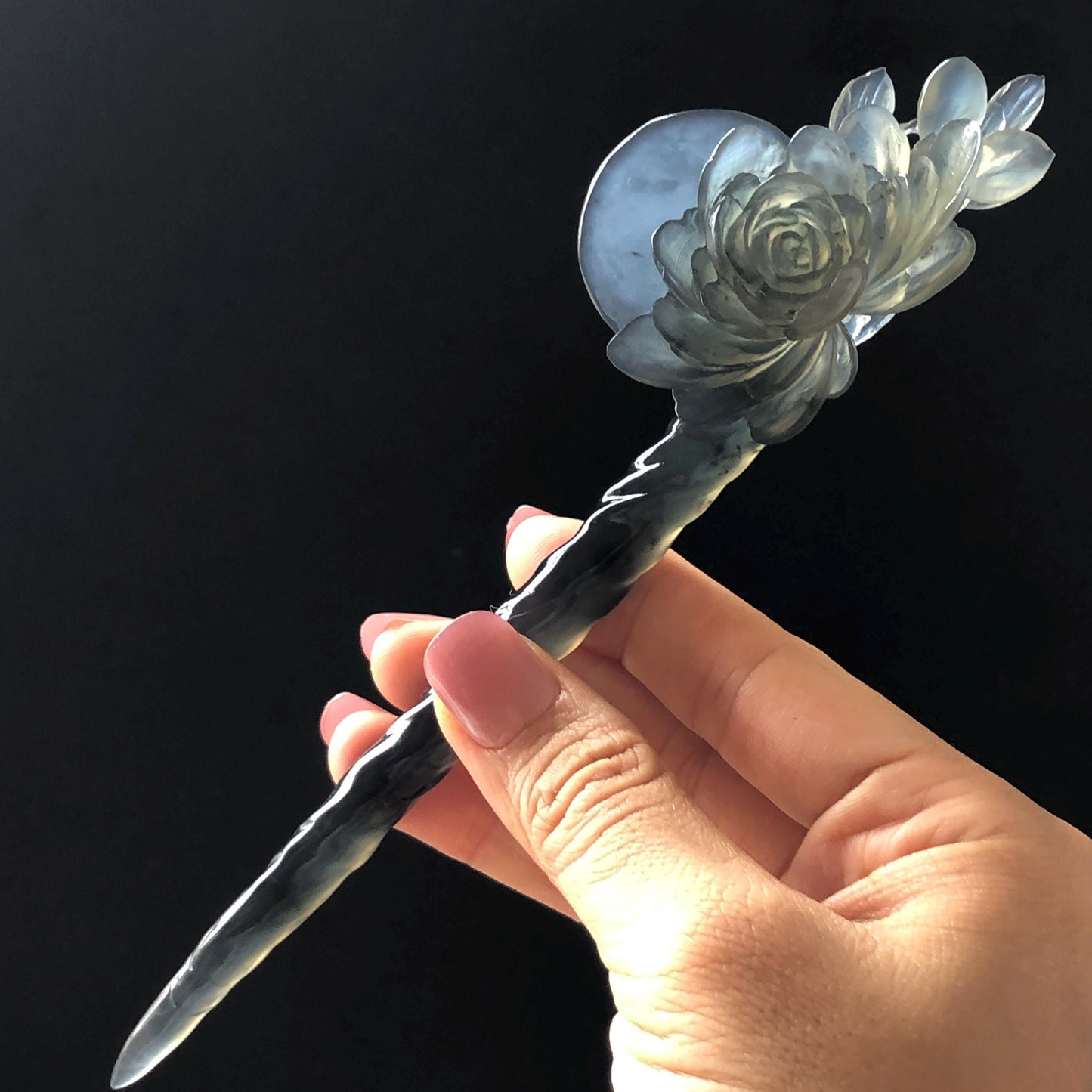 Certified Natural Xiu Jade Serpentine Hand Carved Peony Flower & Full Moon Hair Pin | Ice Black Jade Hair Stick | Asian Vintage Style Gift for her black jade carving chinese jade hairpins flower carving peony carving hand engraved jade hair stick japanese hair clip korean hair stick hanfu hair pins vintage hair comb antique hair fork bridal shower gift gothic hairpins bridal shower gift jade with certificate