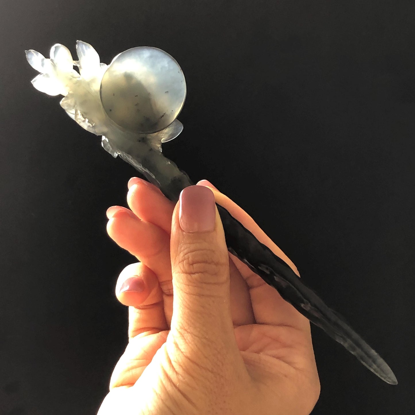 Certified Natural Xiu Jade Serpentine Hand Carved Peony Flower & Full Moon Hair Pin | Ice Black Jade Hair Stick | Asian Vintage Style Gift for her black jade carving chinese jade hairpins flower carving peony carving hand engraved jade hair stick japanese hair clip korean hair stick hanfu hair pins vintage hair comb antique hair fork bridal shower gift gothic hairpins bridal shower gift jade with certificate