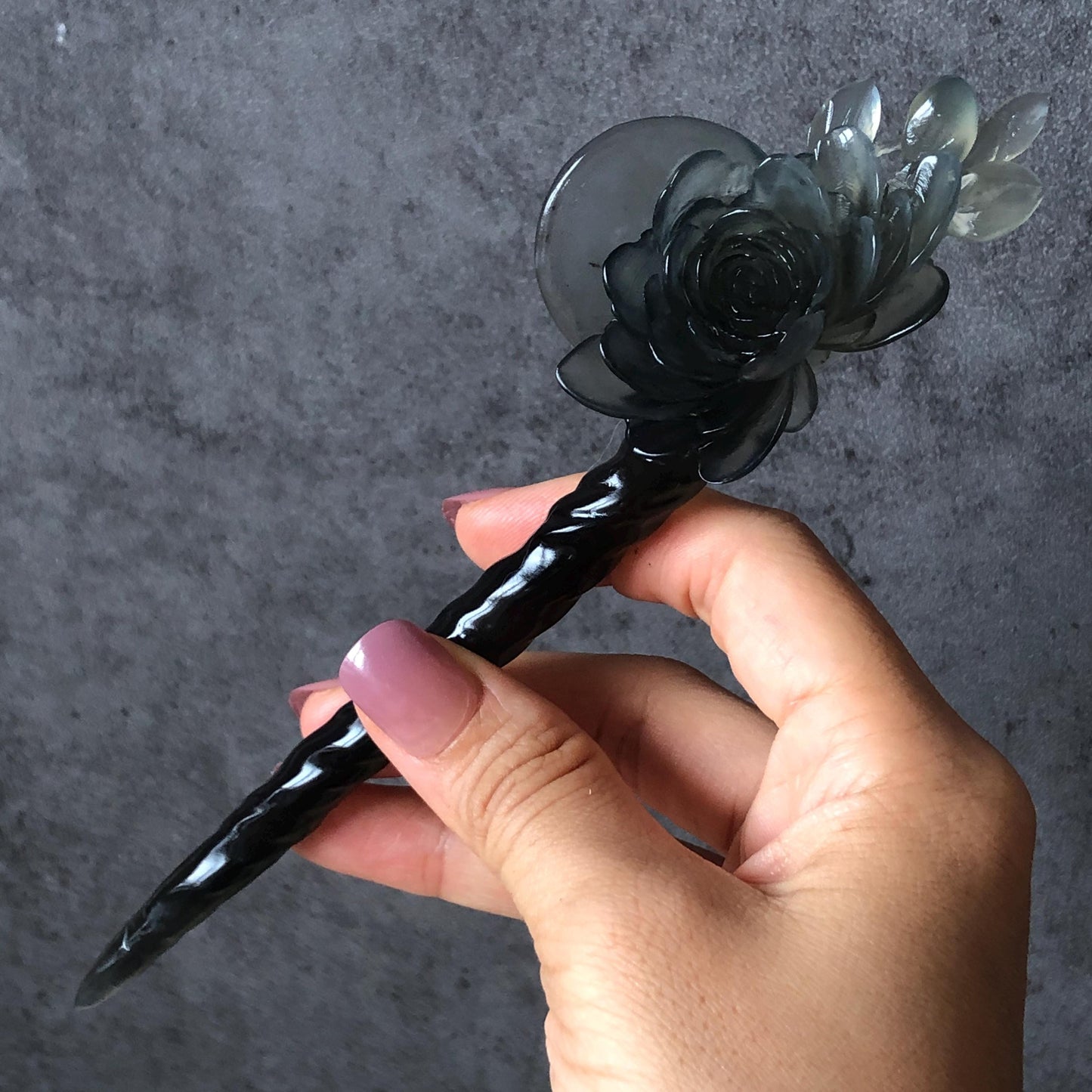 Certified Natural Xiu Jade Serpentine Hand Carved Peony Flower & Full Moon Hair Pin | Ice Black Jade Hair Stick | Asian Vintage Style Gift for her black jade carving chinese jade hairpins flower carving peony carving hand engraved jade hair stick japanese hair clip korean hair stick hanfu hair pins vintage hair comb antique hair fork bridal shower gift gothic hairpins bridal shower gift jade with certificate