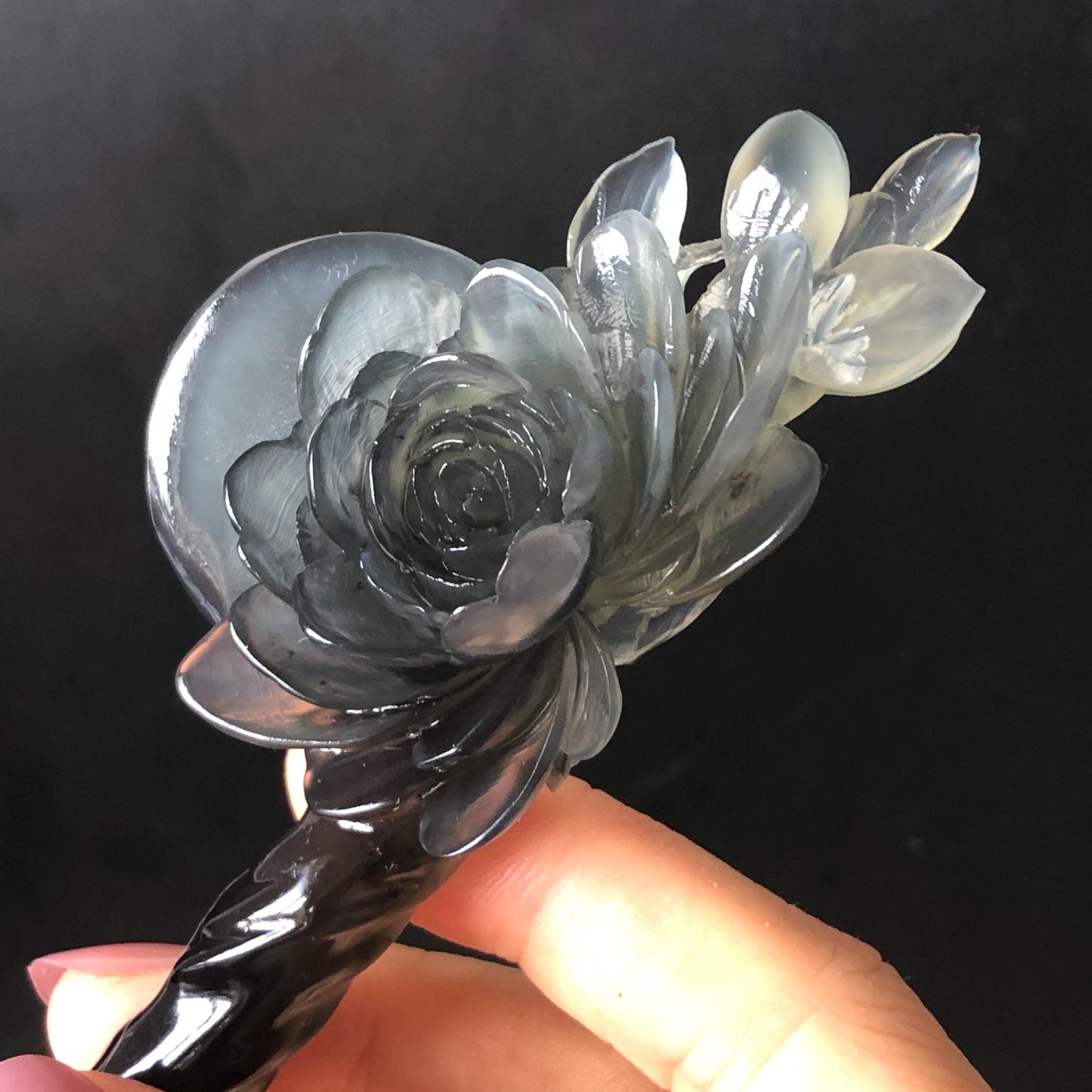 Certified Natural Xiu Jade Serpentine Hand Carved Peony Flower & Full Moon Hair Pin | Ice Black Jade Hair Stick | Asian Vintage Style Gift for her black jade carving chinese jade hairpins flower carving peony carving hand engraved jade hair stick japanese hair clip korean hair stick hanfu hair pins vintage hair comb antique hair fork bridal shower gift gothic hairpins bridal shower gift jade with certificate