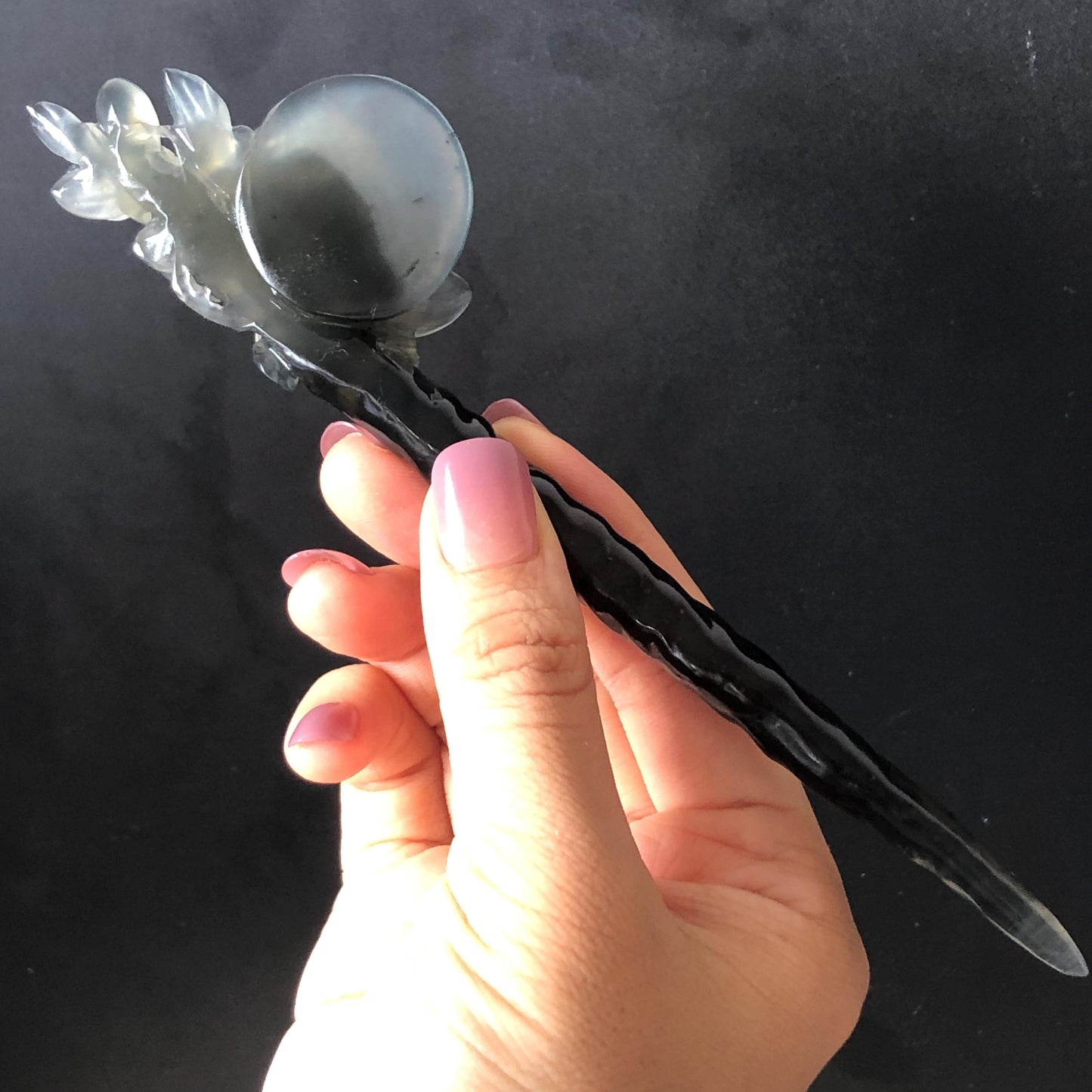 Certified Natural Xiu Jade Serpentine Hand Carved Peony Flower & Full Moon Hair Pin | Ice Black Jade Hair Stick | Asian Vintage Style Gift for her black jade carving chinese jade hairpins flower carving peony carving hand engraved jade hair stick japanese hair clip korean hair stick hanfu hair pins vintage hair comb antique hair fork bridal shower gift gothic hairpins bridal shower gift jade with certificate