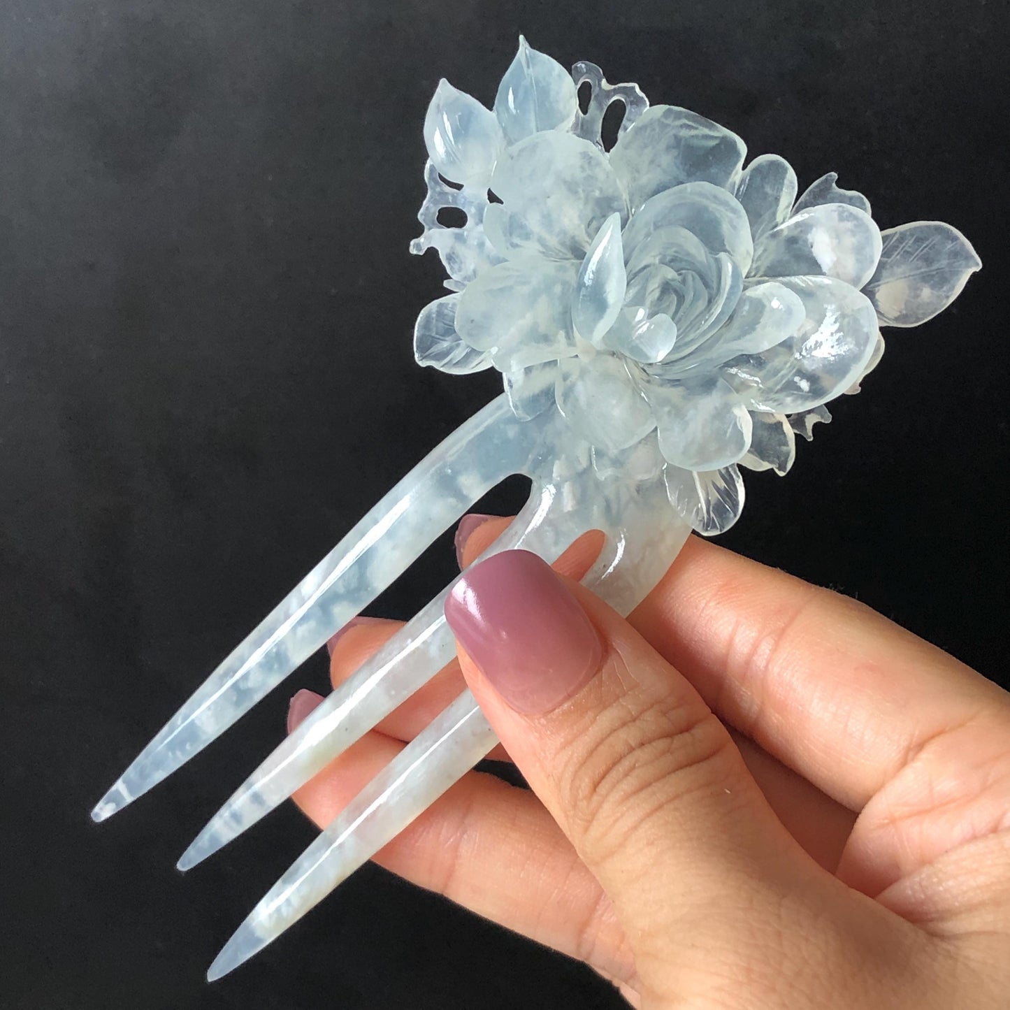 Certified Natural Xiu Jade Serpentine Hand Carved Blue Peony Flower Hair Pin, Blue Jade Hair Stick, Asian Hair Fork Bridal Wedding Headpiece gift for her blue jade carving flower carving peony carving hand engraved flower hair fork japanese hair clip korean hair stick hanfu hairpins vintage hair comb antique hair fork untreated natural jade with certificate bridal shower gift bridal hair clip