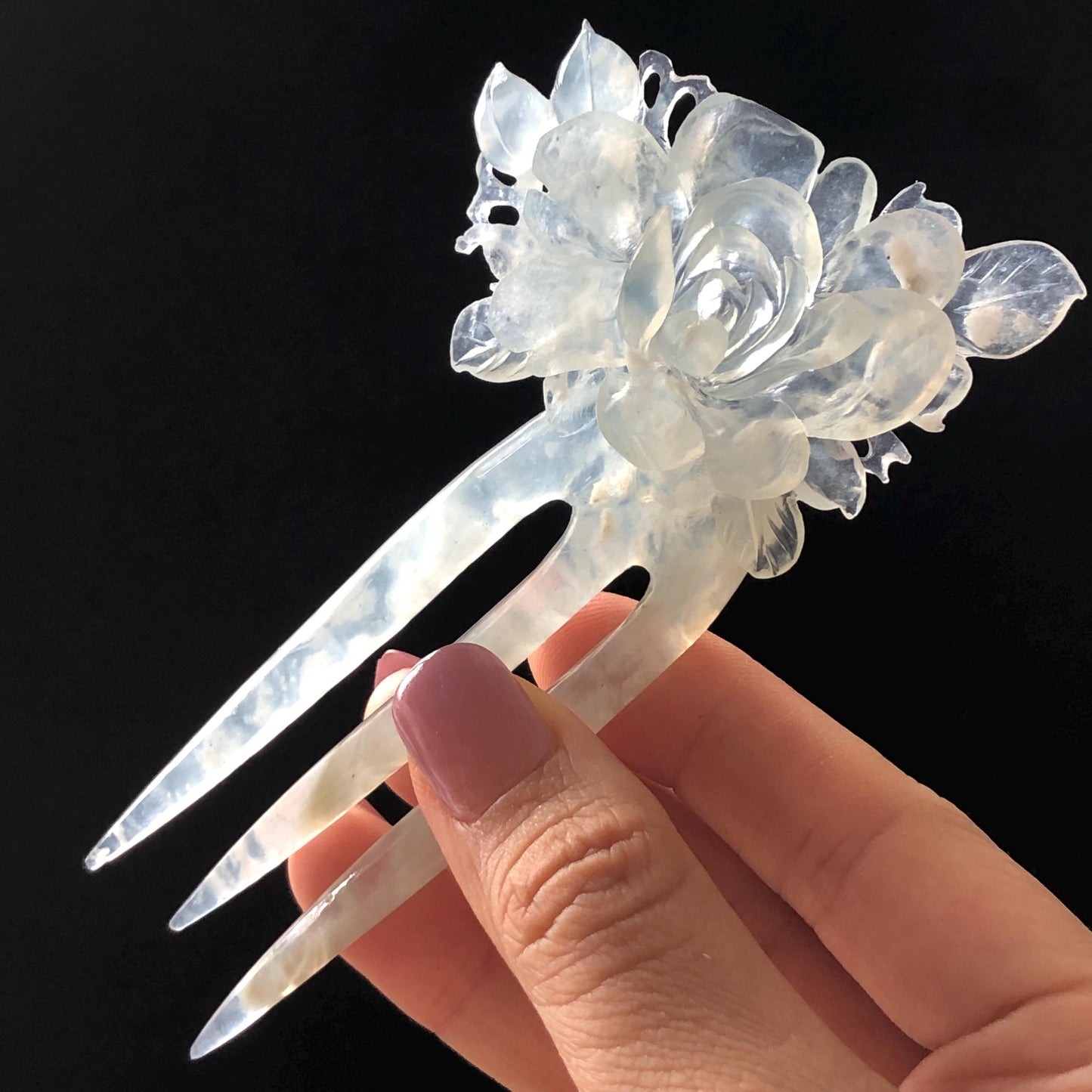 Certified Natural Xiu Jade Serpentine Hand Carved Blue Peony Flower Hair Pin, Blue Jade Hair Stick, Asian Hair Fork Bridal Wedding Headpiece gift for her blue jade carving flower carving peony carving hand engraved flower hair fork japanese hair clip korean hair stick hanfu hairpins vintage hair comb antique hair fork untreated natural jade with certificate bridal shower gift bridal hair clip