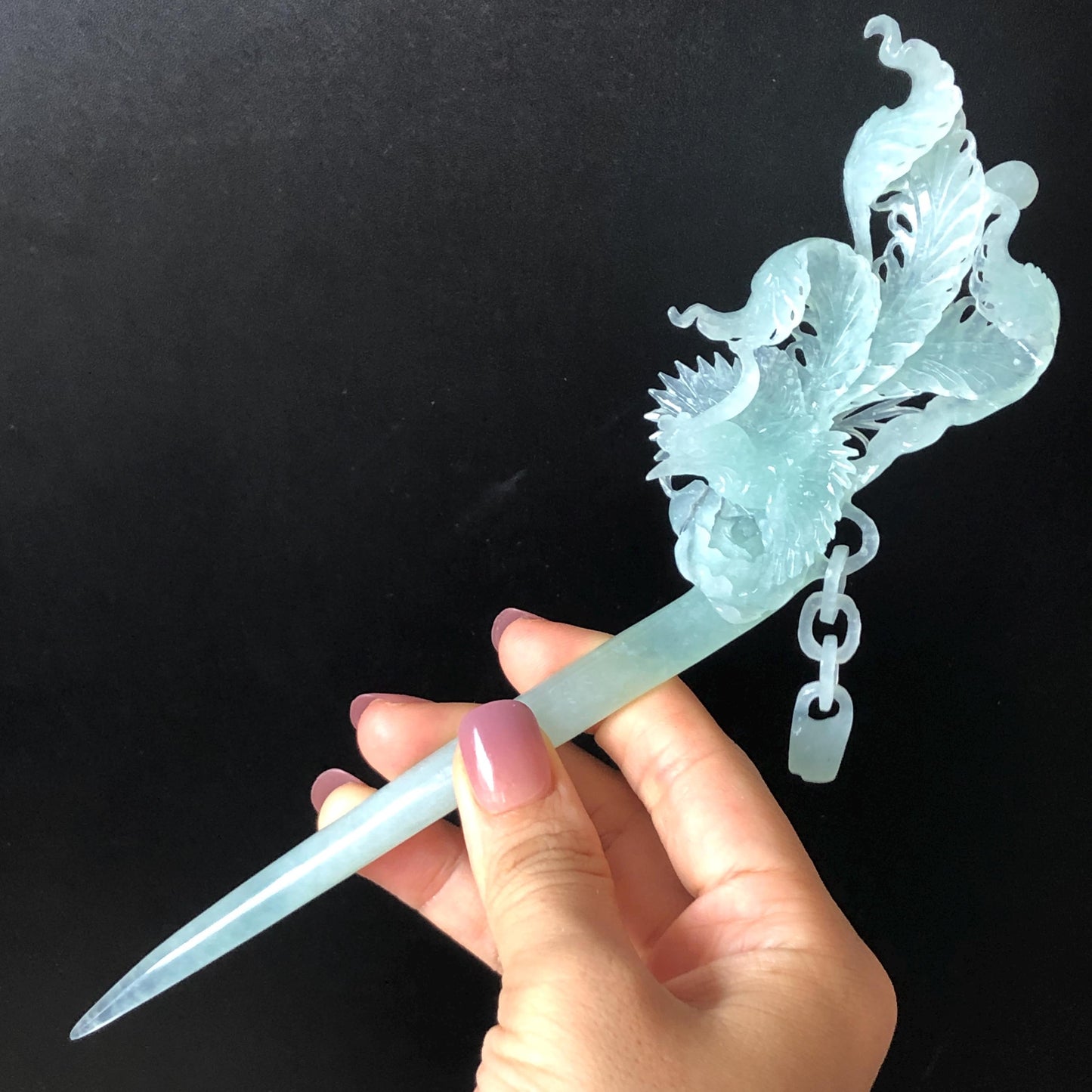 Certified Natural Xiu Jade (Serpentine) Hand Carved Blue Ice Phoenix Hair Pin | Asian Chinese Vintage Hanfu Frosty Sky Blue Jade Hair Stick gift for her blue jade carving hand carved phoenix carving ice phoenix hair stick chinese jade hair fork japanese hairpins korean hair stick vintage hair comb bridal hair clip antique hairpins hanfu hair stick wedding hair headpiece bridal shower gift engagement hair jewelry