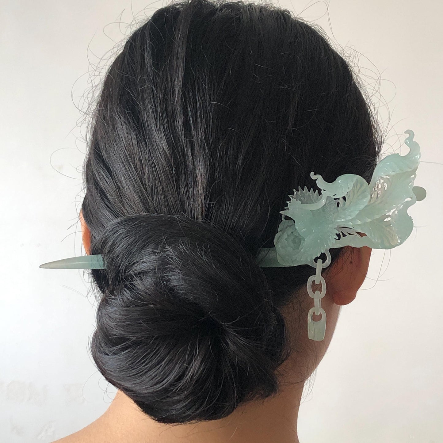 Certified Natural Xiu Jade (Serpentine) Hand Carved Blue Ice Phoenix Hair Pin | Asian Chinese Vintage Hanfu Frosty Sky Blue Jade Hair Stick gift for her blue jade carving hand carved phoenix carving ice phoenix hair stick chinese jade hair fork japanese hairpins korean hair stick vintage hair comb bridal hair clip antique hairpins hanfu hair stick wedding hair headpiece bridal shower gift engagement hair jewelry