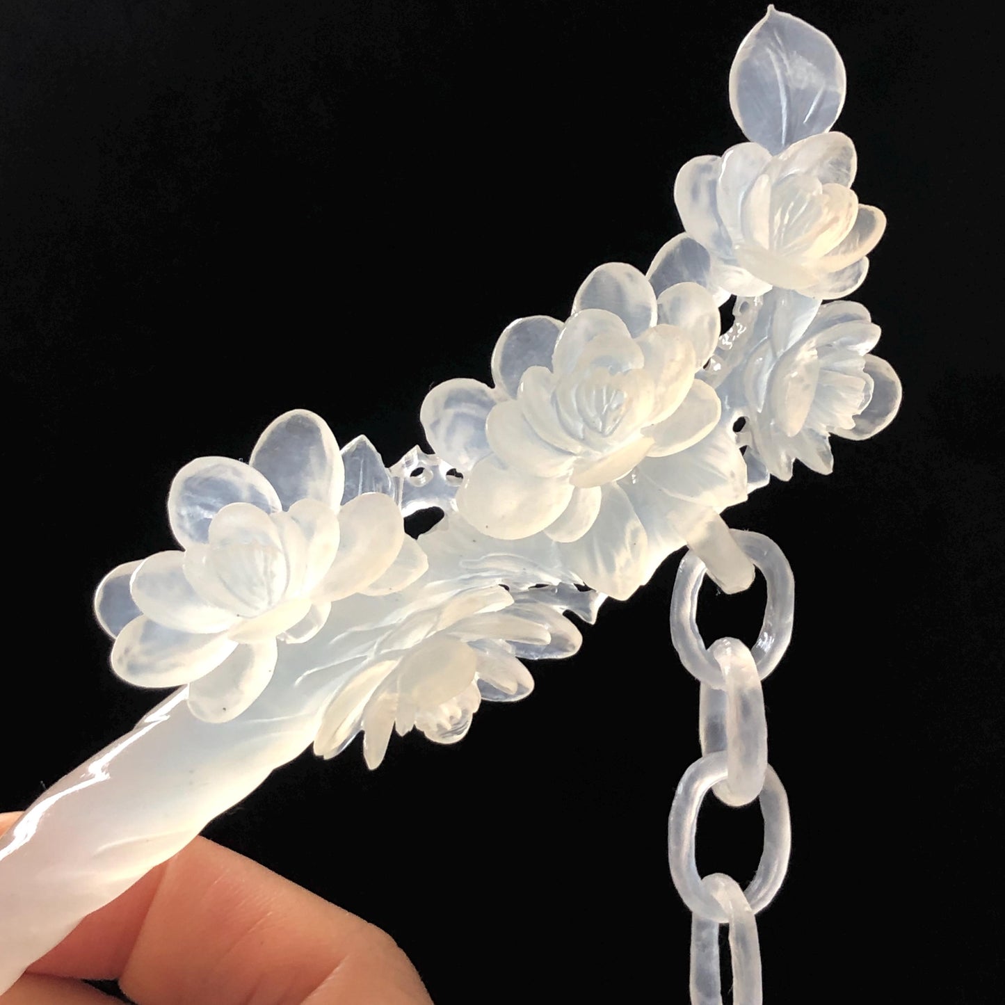 Certificate Natural Xiu Jade Serpentine Hand Carved Camellia Flower Hair Pin & Long Dangle | Asian Chinese Vintage Ice White Jade Hair Stick gift for her white jade carving camellia caving hand engraved flower hair stick hand carved jade hairpins japanese hair clip korean hair stick hanfu hairpins vintage hair comb antique hair fork bridal hair clip wedding hair headpiece bridal shower gift engagement hair accessory jade hair jewelry certified untreated jade