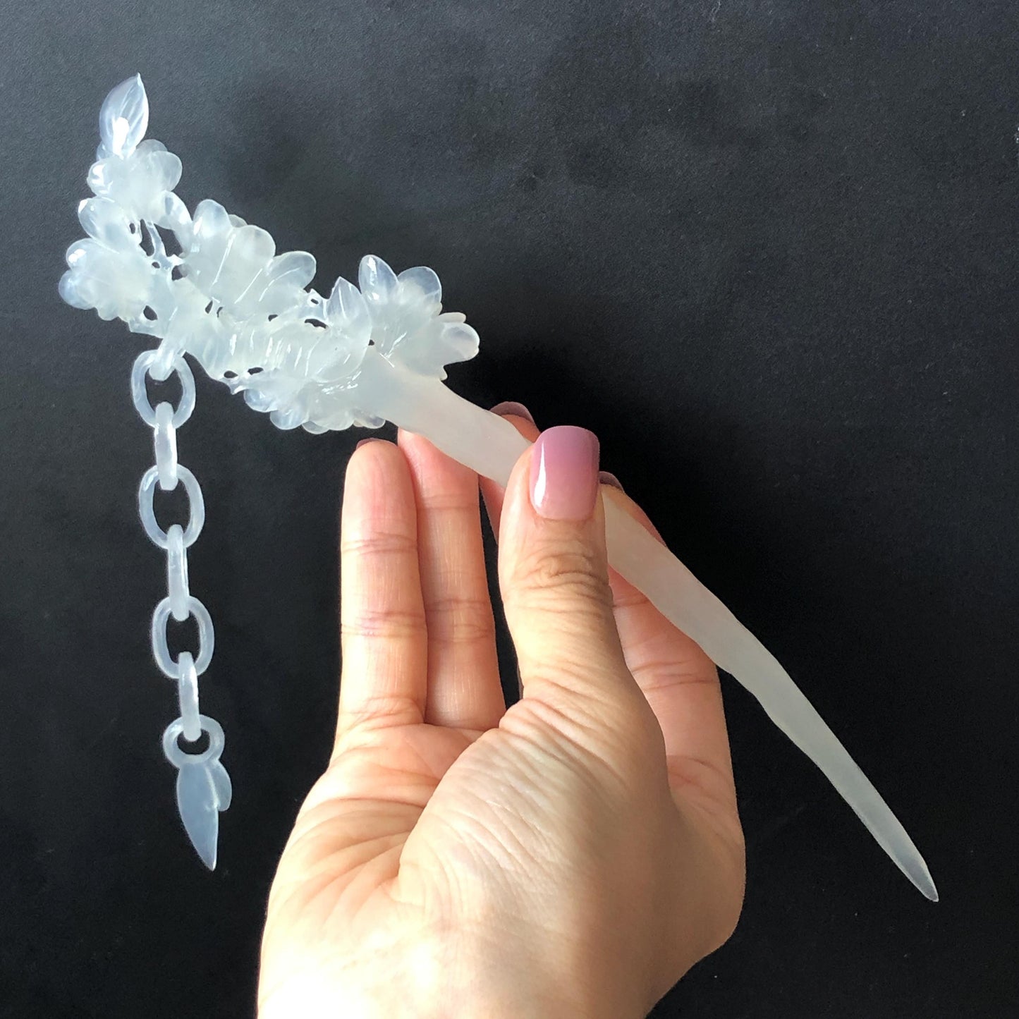 Certificate Natural Xiu Jade Serpentine Hand Carved Camellia Flower Hair Pin & Long Dangle | Asian Chinese Vintage Ice White Jade Hair Stick gift for her white jade carving camellia caving hand engraved flower hair stick hand carved jade hairpins japanese hair clip korean hair stick hanfu hairpins vintage hair comb antique hair fork bridal hair clip wedding hair headpiece bridal shower gift engagement hair accessory jade hair jewelry certified untreated jade