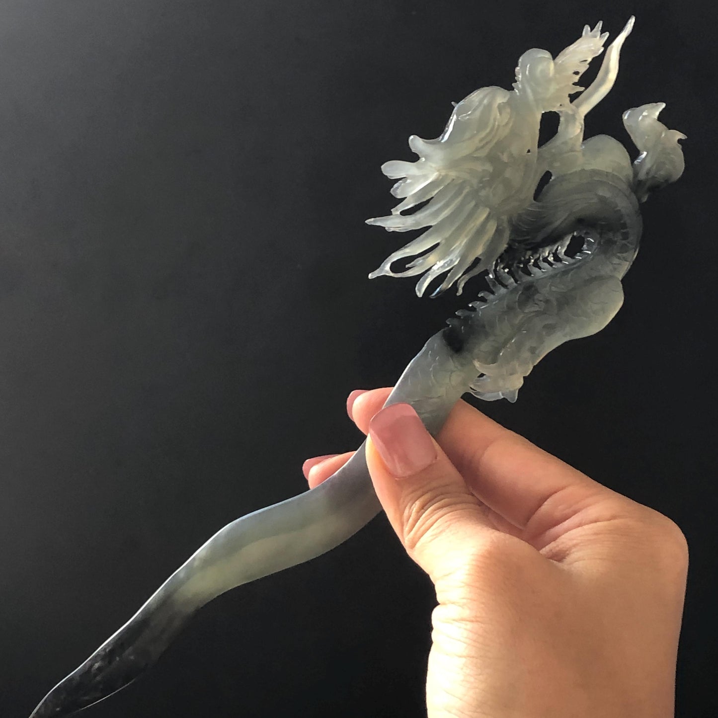 Certified Natural Xiu Jade Serpentine Hand Carved Soaring Dragon Hair Pin | Ice Gray & Black Jade Hair Stick | Asian Vintage Hair Fork Gift for her japanese hairpin korean hair stick hanfu hair fork vinatge hair comb antique hair pins dragon carving hand engraved dragon gray jade grey jade black jade carving hand carved dragon hair stick