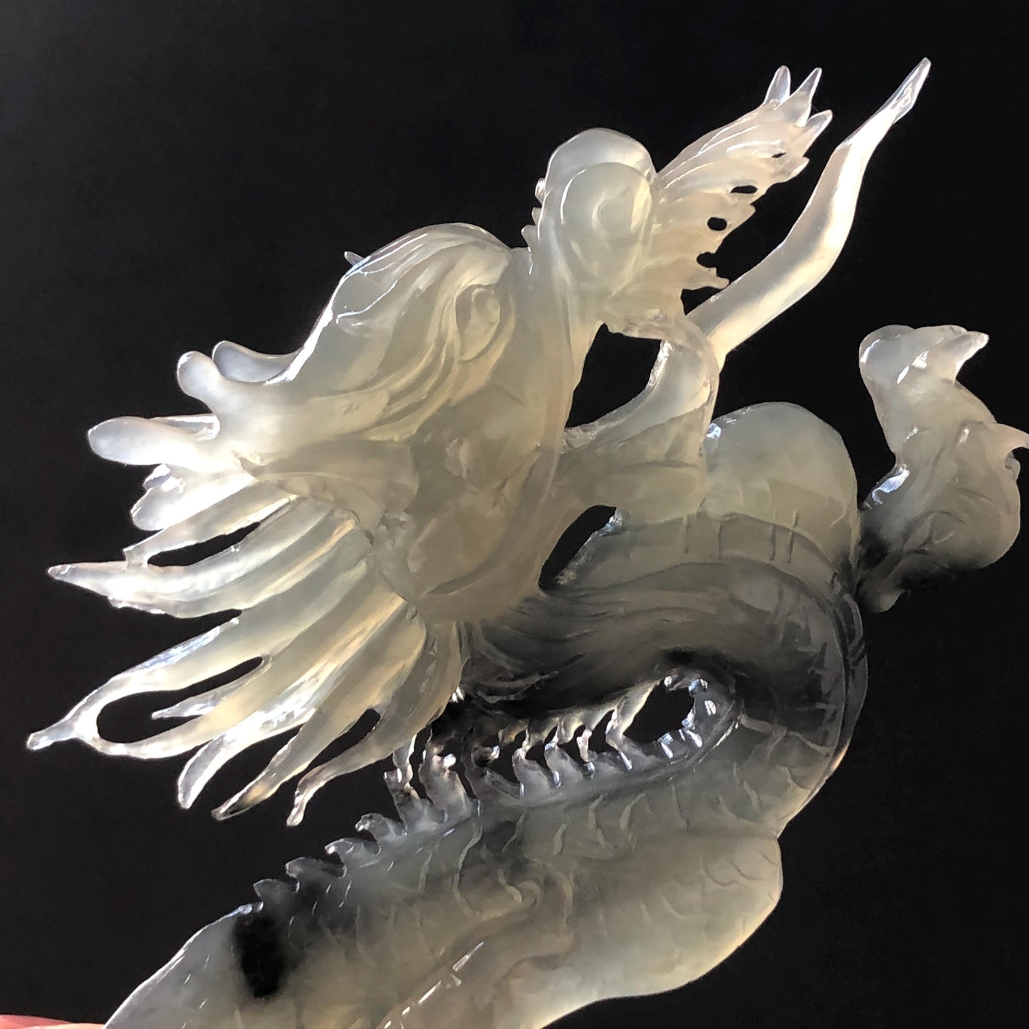 Certified Natural Xiu Jade Serpentine Hand Carved Soaring Dragon Hair Pin | Ice Gray & Black Jade Hair Stick | Asian Vintage Hair Fork Gift for her japanese hairpin korean hair stick hanfu hair fork vinatge hair comb antique hair pins dragon carving hand engraved dragon gray jade grey jade black jade carving hand carved dragon hair stick