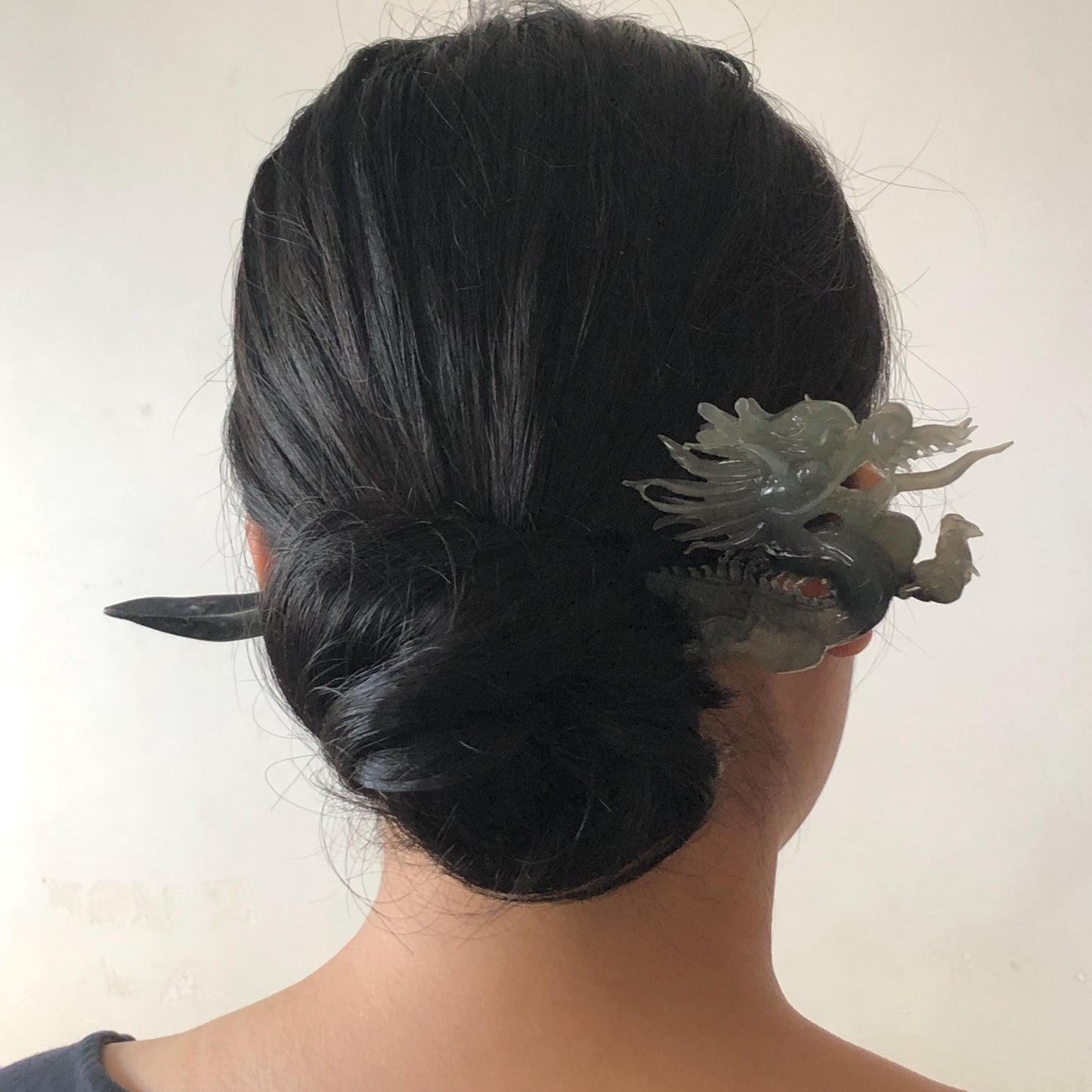Certified Natural Xiu Jade Serpentine Hand Carved Soaring Dragon Hair Pin | Ice Gray & Black Jade Hair Stick | Asian Vintage Hair Fork Gift for her japanese hairpin korean hair stick hanfu hair fork vinatge hair comb antique hair pins dragon carving hand engraved dragon gray jade grey jade black jade carving hand carved dragon hair stick