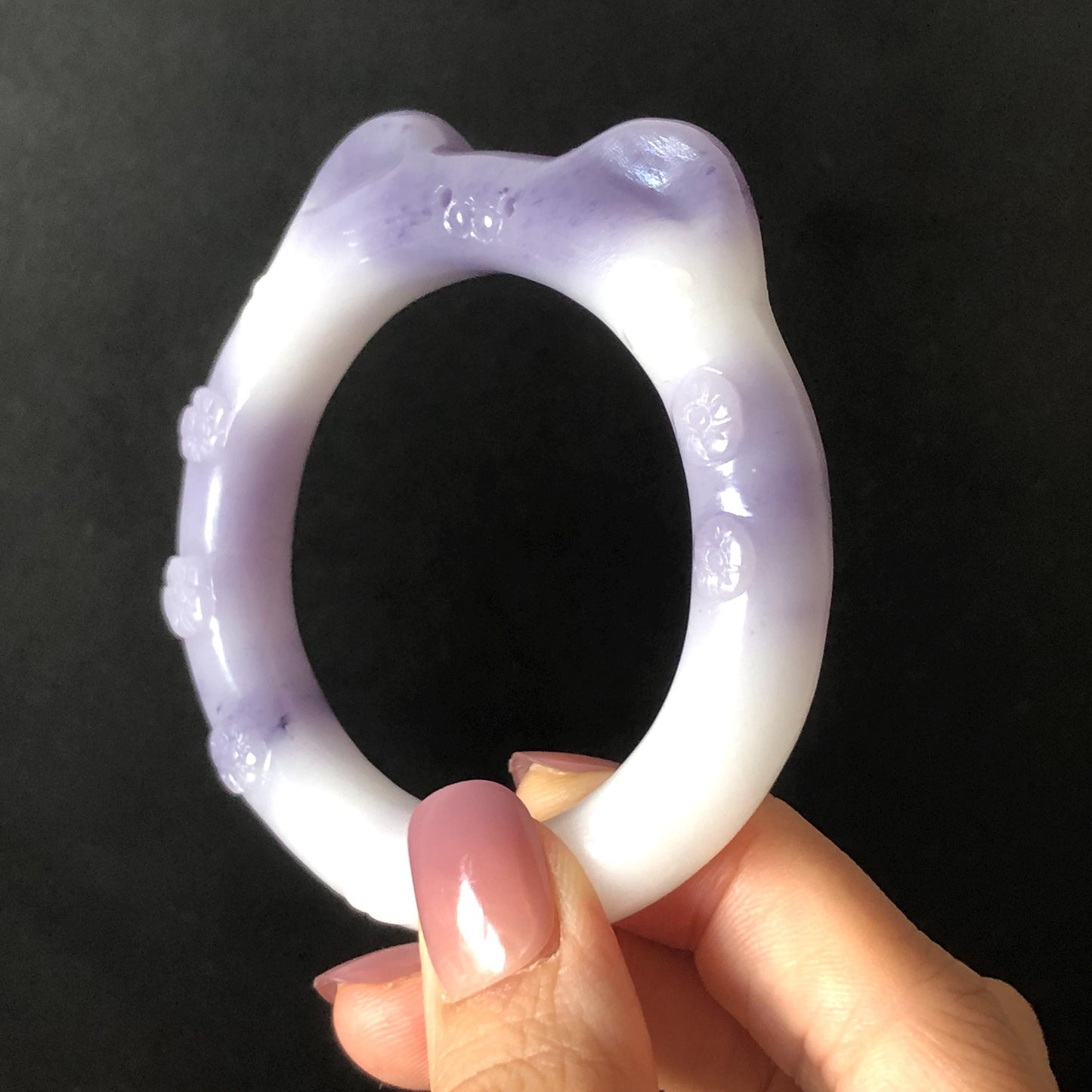 Customized Size 50-60mm! Natural SheTaiCui Jade (Quartzite) Hand Carved Cat Kitten Bangle | Purple and White Jade Bracelet | Cat Lover Gift personalized bangle custom made bracelet hand engraved jade bangle tailor made jade bangle custom size bangle big size bangle small size bangle jade carving purple jade white jade kitten bangle cat bracelet gift for cat lover gift for her real untreated jade