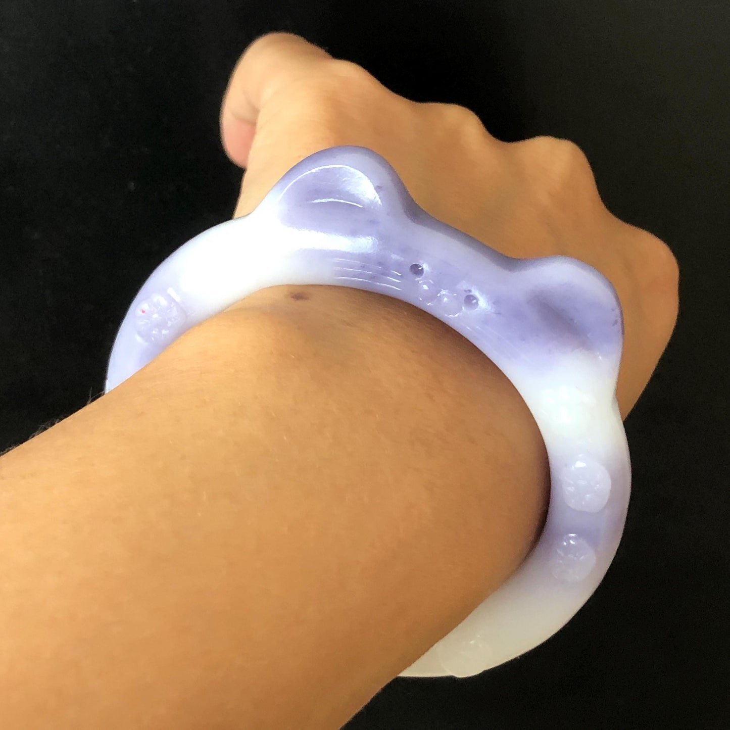 Customized Size 50-60mm! Natural SheTaiCui Jade (Quartzite) Hand Carved Cat Kitten Bangle | Purple and White Jade Bracelet | Cat Lover Gift personalized bangle custom made bracelet hand engraved jade bangle tailor made jade bangle custom size bangle big size bangle small size bangle jade carving purple jade white jade kitten bangle cat bracelet gift for cat lover gift for her real untreated jade