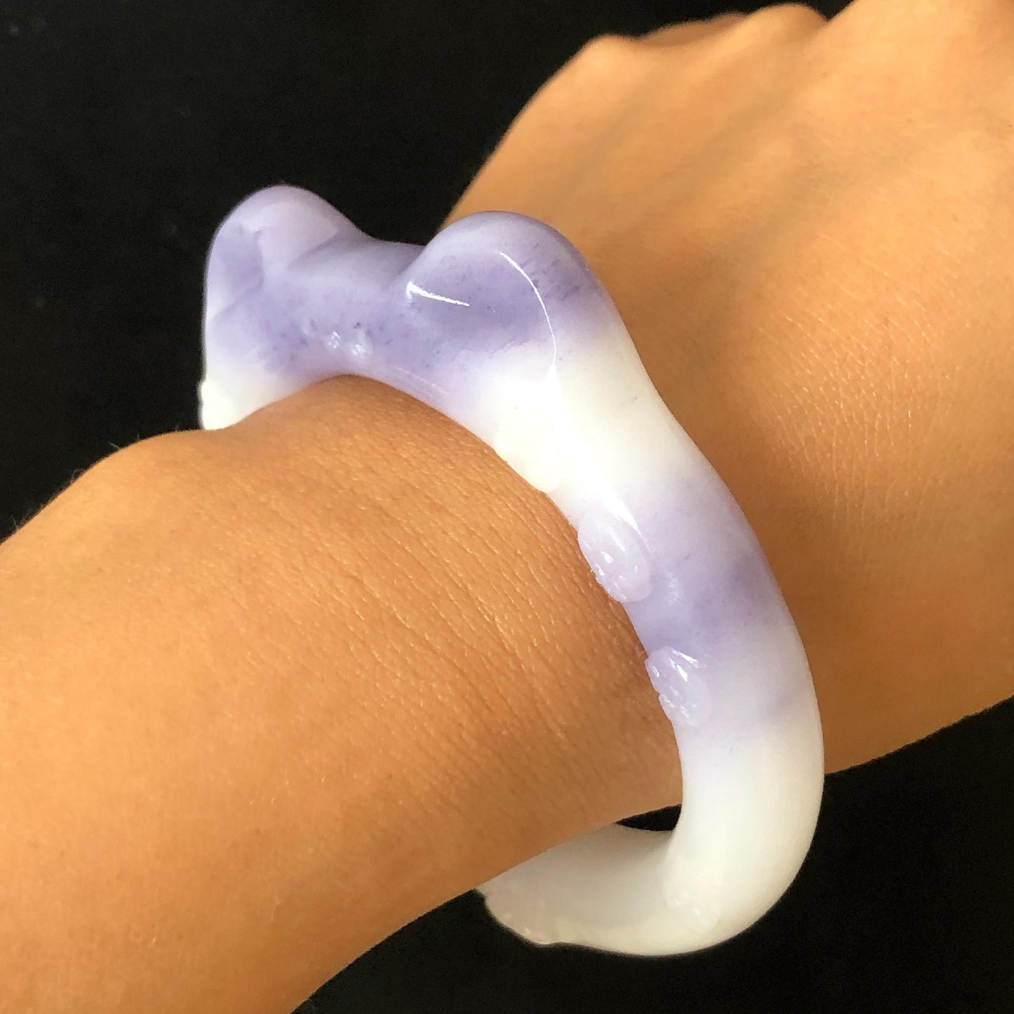 Customized Size 50-60mm! Natural SheTaiCui Jade (Quartzite) Hand Carved Cat Kitten Bangle | Purple and White Jade Bracelet | Cat Lover Gift personalized bangle custom made bracelet hand engraved jade bangle tailor made jade bangle custom size bangle big size bangle small size bangle jade carving purple jade white jade kitten bangle cat bracelet gift for cat lover gift for her real untreated jade