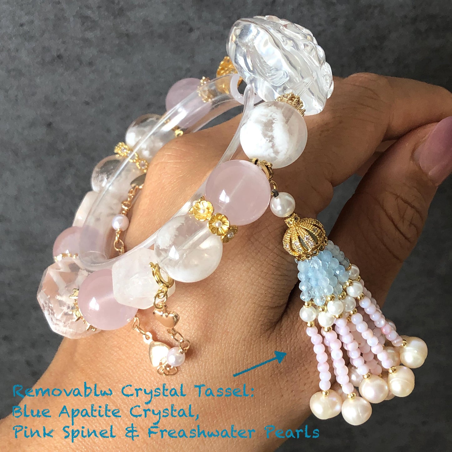 Rainbow Clear Quartz Carved Nine-tailed Fox Pendant Charm with Rose Quartz & Pink Phantom Quartz Bead Elastic Stretch Crystal Bracelet Gift for her Rainbow Crystal charm nine tail fox pendant hand engraved fox charm bracelet big bead bracelet Olivine charm removable tassel Pink Spinel Blue Apatite Crystal heart chakra crystal healing stone love stone meditative crystal
