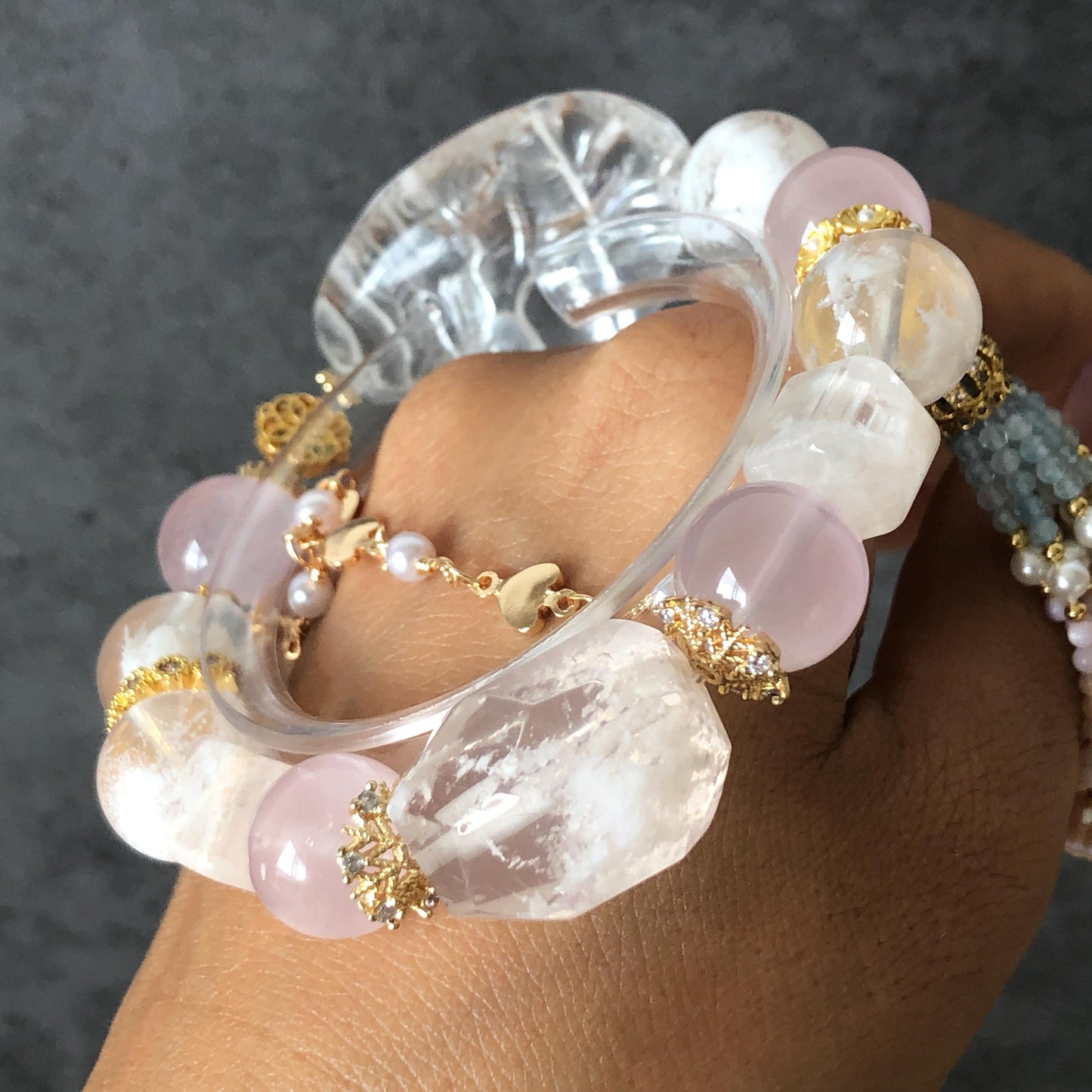 Rainbow Clear Quartz Carved Nine-tailed Fox Pendant Charm with Rose Quartz & Pink Phantom Quartz Bead Elastic Stretch Crystal Bracelet Gift for her Rainbow Crystal charm nine tail fox pendant hand engraved fox charm bracelet big bead bracelet Olivine charm removable tassel Pink Spinel Blue Apatite Crystal heart chakra crystal healing stone love stone meditative crystal