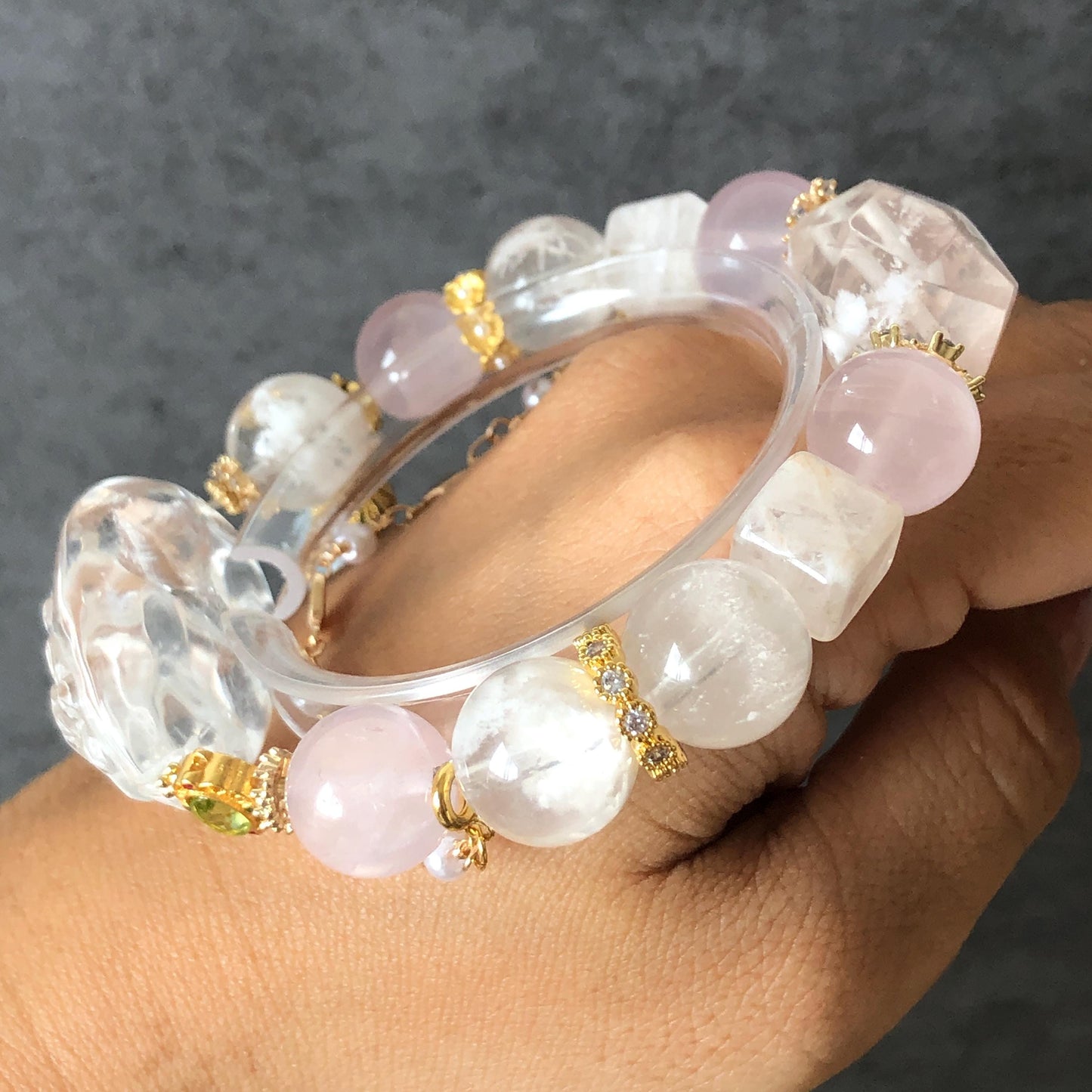 Rainbow Clear Quartz Carved Nine-tailed Fox Pendant Charm with Rose Quartz & Pink Phantom Quartz Bead Elastic Stretch Crystal Bracelet Gift for her Rainbow Crystal charm nine tail fox pendant hand engraved fox charm bracelet big bead bracelet Olivine charm removable tassel Pink Spinel Blue Apatite Crystal heart chakra crystal healing stone love stone meditative crystal