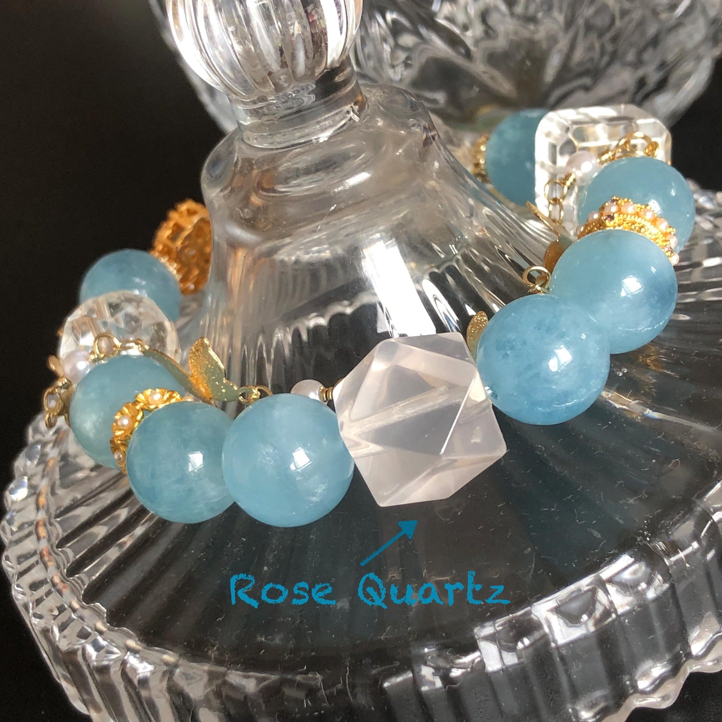 Rare Find Rainbow Clear Quartz Carved Nine-tailed Fox Pendant Charm with Aquamarine, Rose Quartz, Clear Quartz Crystal Big Bead Bracelet | Removable Tassel | Self-Expression & Communication | Custom Made | Personalized Gift for her hand engraved fox charm carved fox bracelet customised bracelet pink crystal blue crystal heart chakra throat chakra meditative crystal healing stone love stone fox carving elastic stretch bracelet