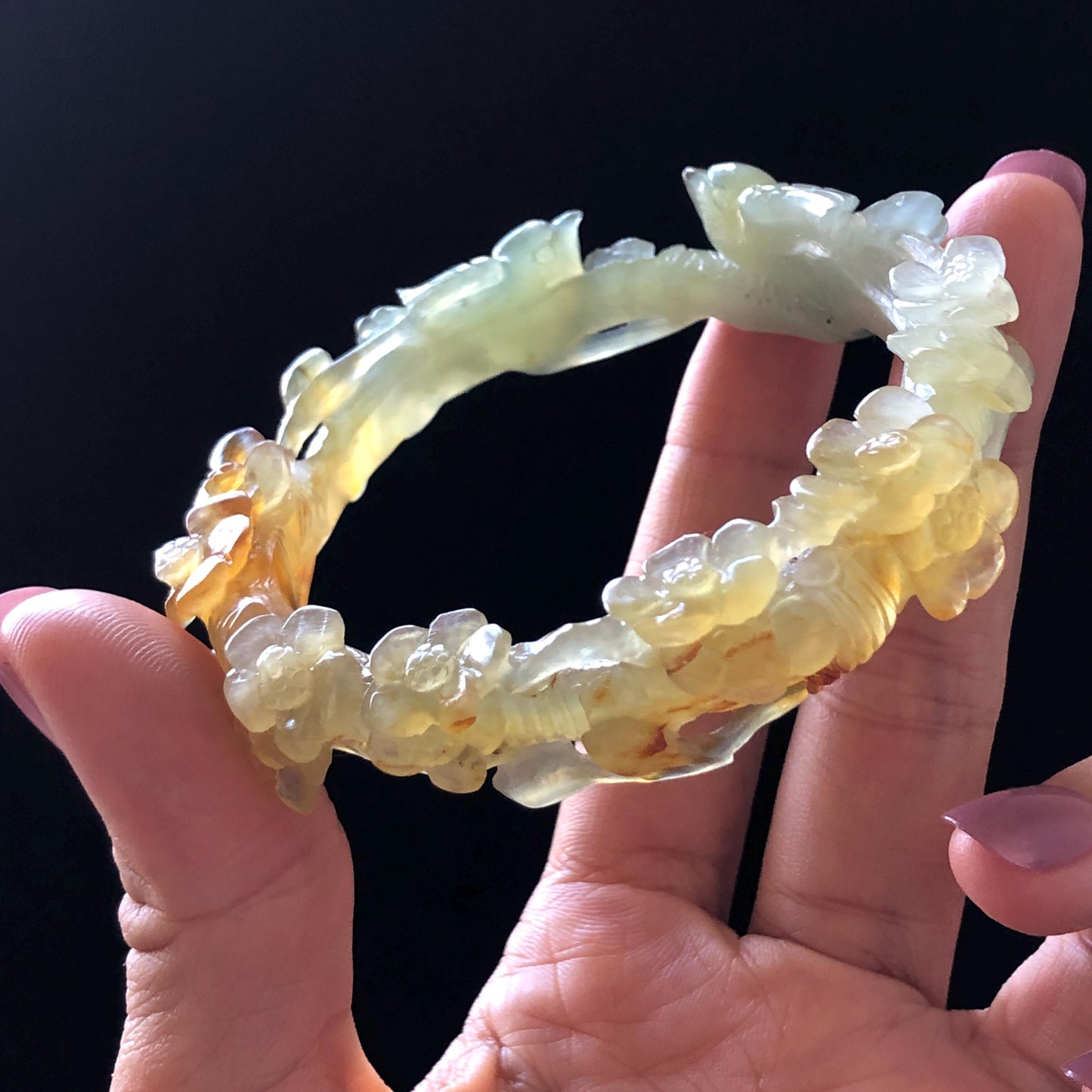 50mm-64mm! Customised Size Natural Xiu Jade Serpentine Hand Carved Magpies Birds & Plum Blossom flowers Bangle | Yellow Green Jade Bracelet gift for her customized size jade bangle tailor made jade bracelet personalised bangle green jade carving yellow jade certified untreated jade with certificate personalized gift for her big size bangle small size bangle