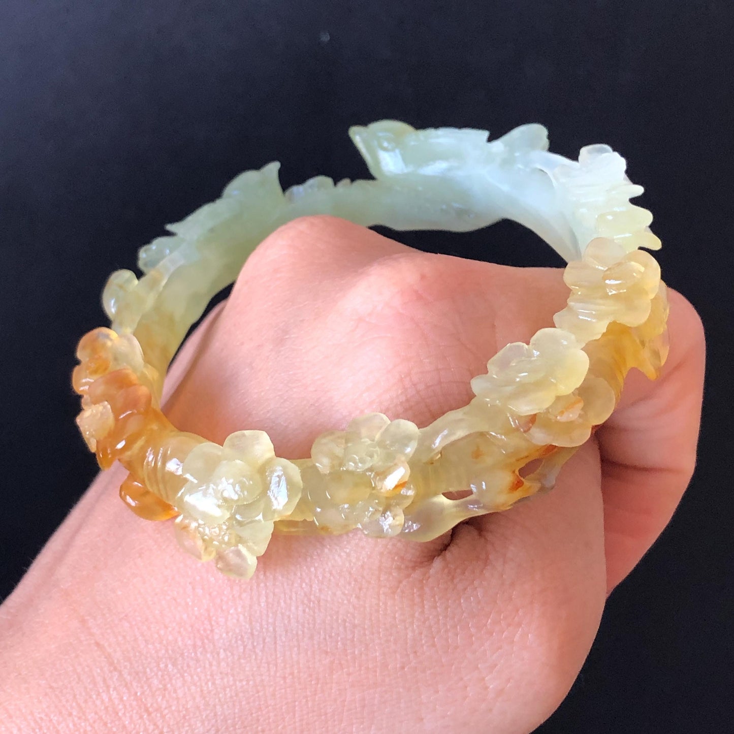 50mm-64mm! Customised Size Natural Xiu Jade Serpentine Hand Carved Magpies Birds & Plum Blossom flowers Bangle | Yellow Green Jade Bracelet gift for her customized size jade bangle tailor made jade bracelet personalised bangle green jade carving yellow jade certified untreated jade with certificate personalized gift for her big size bangle small size bangle