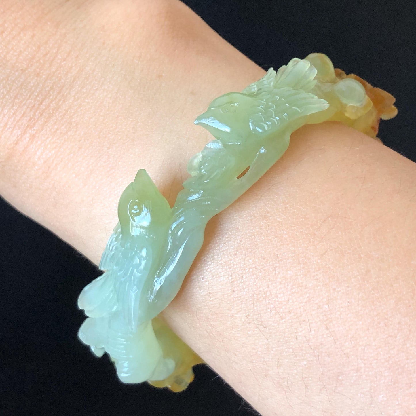 50mm-64mm! Customised Size Natural Xiu Jade Serpentine Hand Carved Magpies Birds & Plum Blossom flowers Bangle | Yellow Green Jade Bracelet gift for her customized size jade bangle tailor made jade bracelet personalised bangle green jade carving yellow jade certified untreated jade with certificate personalized gift for her big size bangle small size bangle