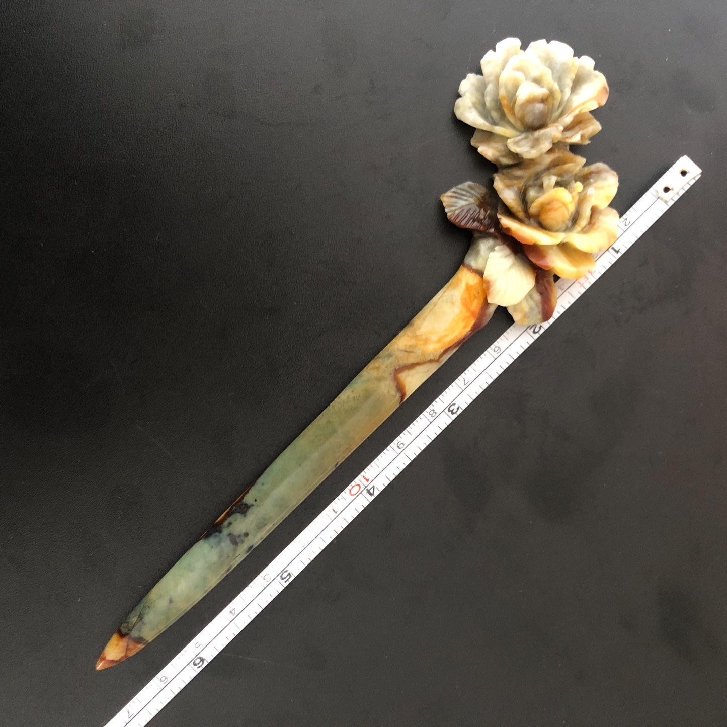 Certified Natural Xiu Jade Serpentine Hand Carved Rose Flower Hair Pin | Green Yellow Brown Green Jade Hair Stick | Asian Vintage Hair Fork gift for her green jade carving brown jade yellow jade hand engraved rose hairpin hand caved rose hair stick japanese hairpins korean hair fork chinese hair comb hanfu hair pins untreated jade with certificate