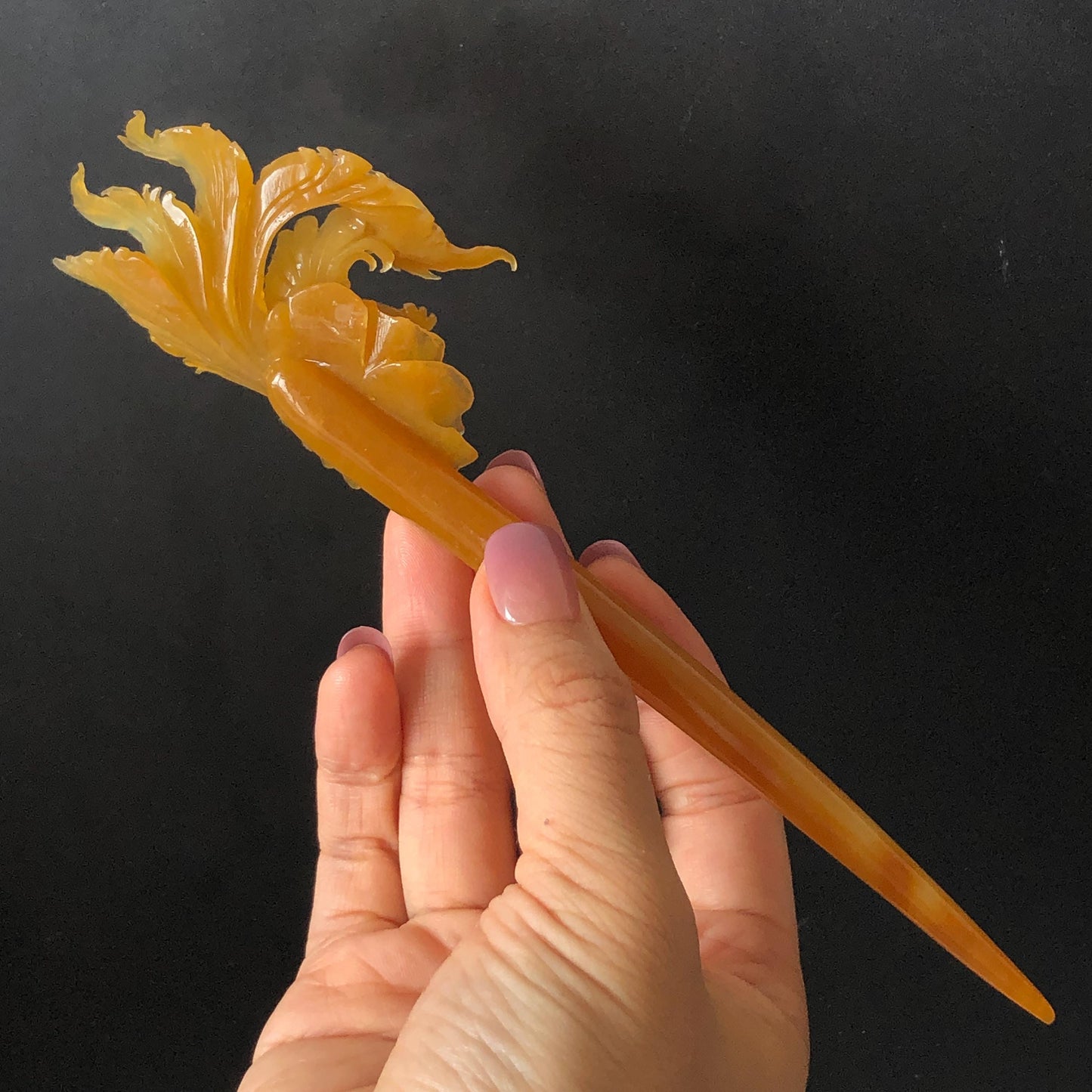 Xiu Jade Serpentine Hand Carved Golden Phoenix & Peony Hair Pin | Yellow Orange Red Jade Hair Stick | Asian Chinese Vintage Hanfu Hair Fork gift for her red jade orange jade yellow jade carving phoenix carving peony carving certified natural jade untreated jade with certificate chinese hairpins japanese hair pins korean hair stick hanfu hair comb antique hair fork wedding headpiece