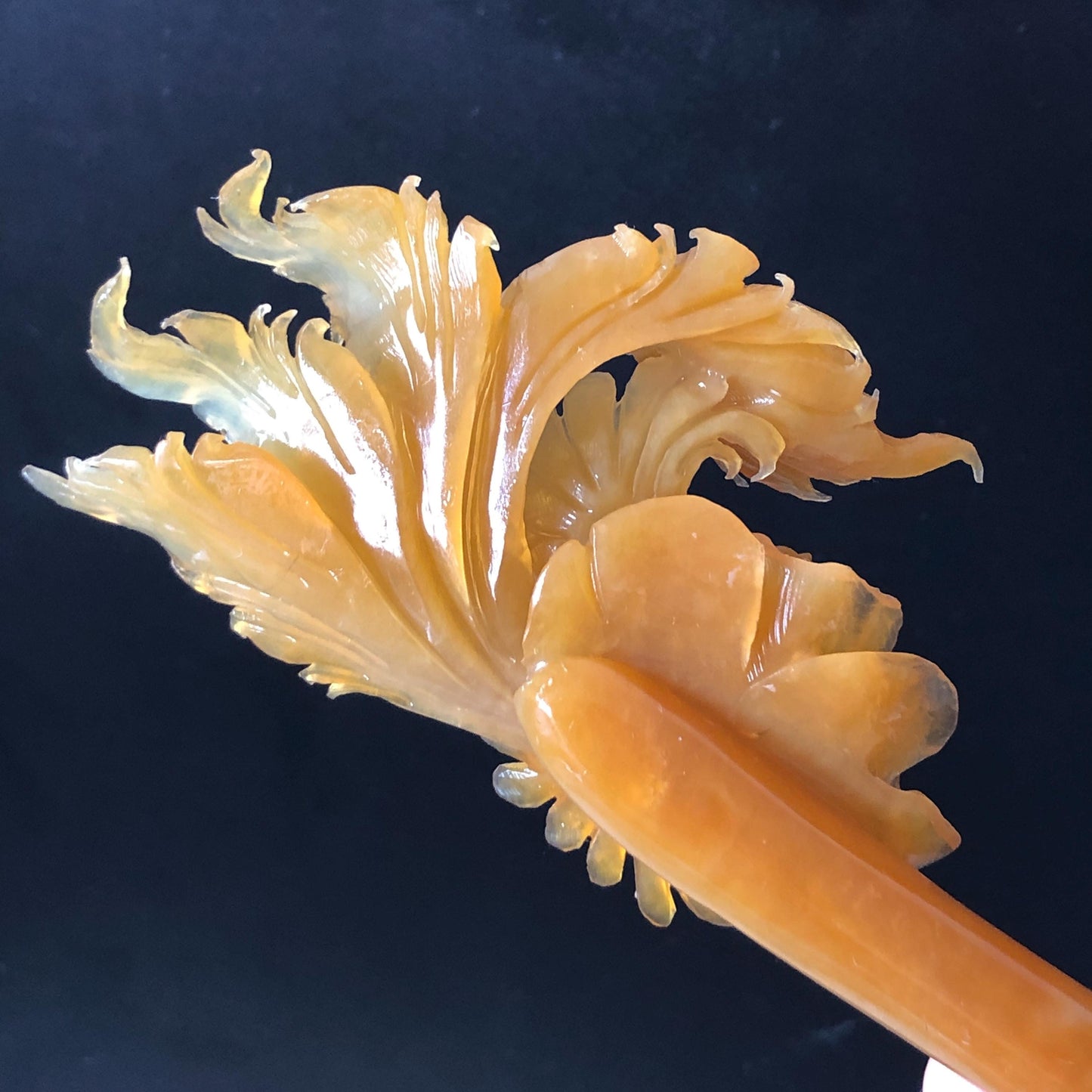 Xiu Jade Serpentine Hand Carved Golden Phoenix & Peony Hair Pin | Yellow Orange Red Jade Hair Stick | Asian Chinese Vintage Hanfu Hair Fork gift for her red jade orange jade yellow jade carving phoenix carving peony carving certified natural jade untreated jade with certificate chinese hairpins japanese hair pins korean hair stick hanfu hair comb antique hair fork wedding headpiece