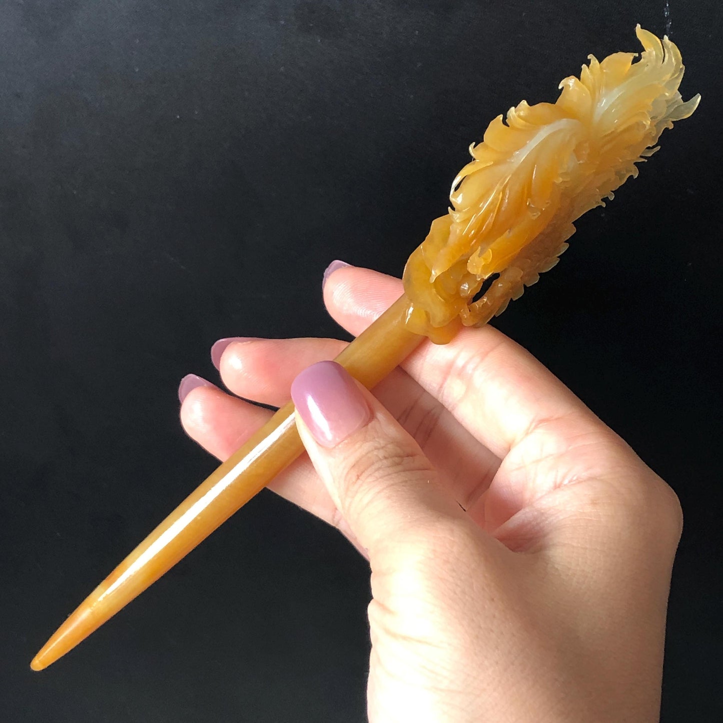 Xiu Jade Serpentine Hand Carved Golden Phoenix & Peony Hair Pin | Yellow Orange Red Jade Hair Stick | Asian Chinese Vintage Hanfu Hair Fork gift for her red jade orange jade yellow jade carving phoenix carving peony carving certified natural jade untreated jade with certificate chinese hairpins japanese hair pins korean hair stick hanfu hair comb antique hair fork wedding headpiece