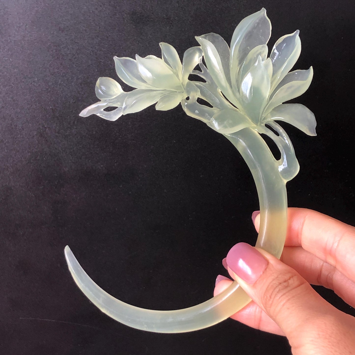 Certified Xiu Jade Serpentine Carved Yulan Flower Hair Pin | Ice Green Jade Hair Stick | Chinese Vintage Hanfu Antique Bridal Hair Fork Gift for her japanese hairpin korean hair stick chinese hair fork vintage hair comb antique hair pins hanfu hair stick bridal shower hair jewelry wedding headpiece bridal shower gift engagement hair accessory jade carving hand engraved jade hand carved flower jade hairpins untreated natural jade with certificate