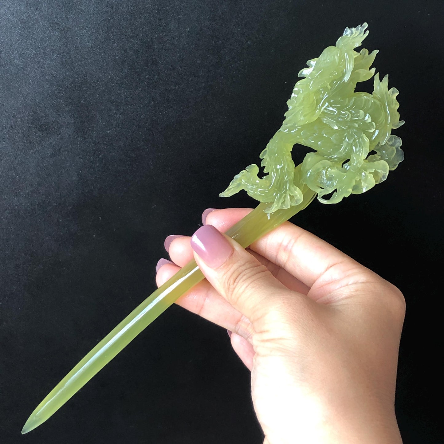 Certified Natural Xiu Jade Serpentine Hand Carved Soaring Green Dragon Hair Pin | Ice Green Jade Hair Stick | Asian Vintage Hair Fork Gift for her japanese hairpin korean hair stick hanfu hair fork vintage hair comb antique hair pins dragon carving hand engraved dragon green jade carving hand carved dragon hair stick