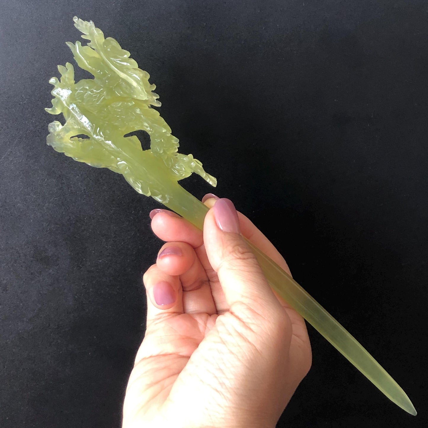 Certified Natural Xiu Jade Serpentine Hand Carved Soaring Green Dragon Hair Pin | Ice Green Jade Hair Stick | Asian Vintage Hair Fork Gift for her japanese hairpin korean hair stick hanfu hair fork vintage hair comb antique hair pins dragon carving hand engraved dragon green jade carving hand carved dragon hair stick