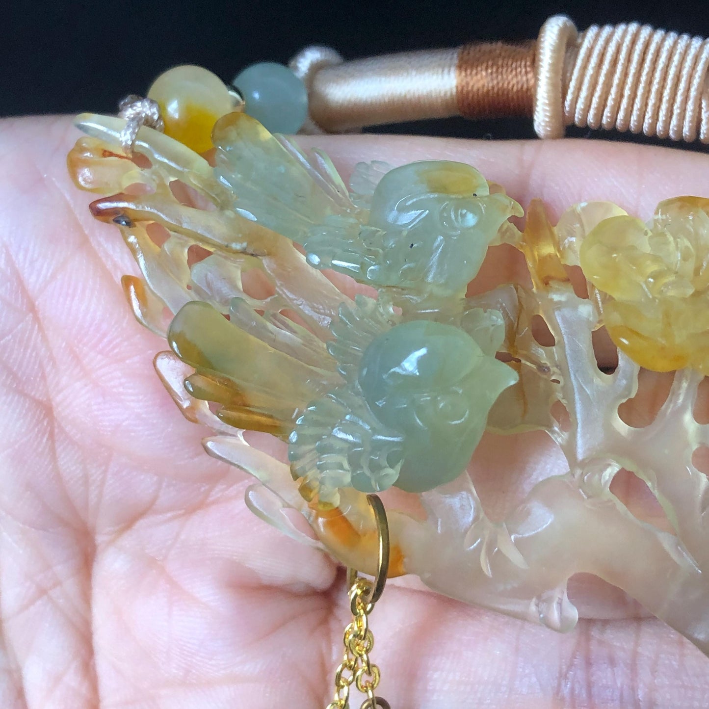 Certified Natural Xiu Jade Serpentine Hand Carved Magpie Birds & blum Blossom Flower Pendant Adjustable Necklace Gift for her natural jade carving bird carving plum blossom carving flower carving hand carved jade pendant hand engraved magpie yellow jade green jade brown jade multi colour jade icy chinese jade vintage jade necklace adjustable necklace certified jade certificate luck charm dangle necklace charm necklace untreated jade with certificate engagment gift wedding gift bridal show gift
