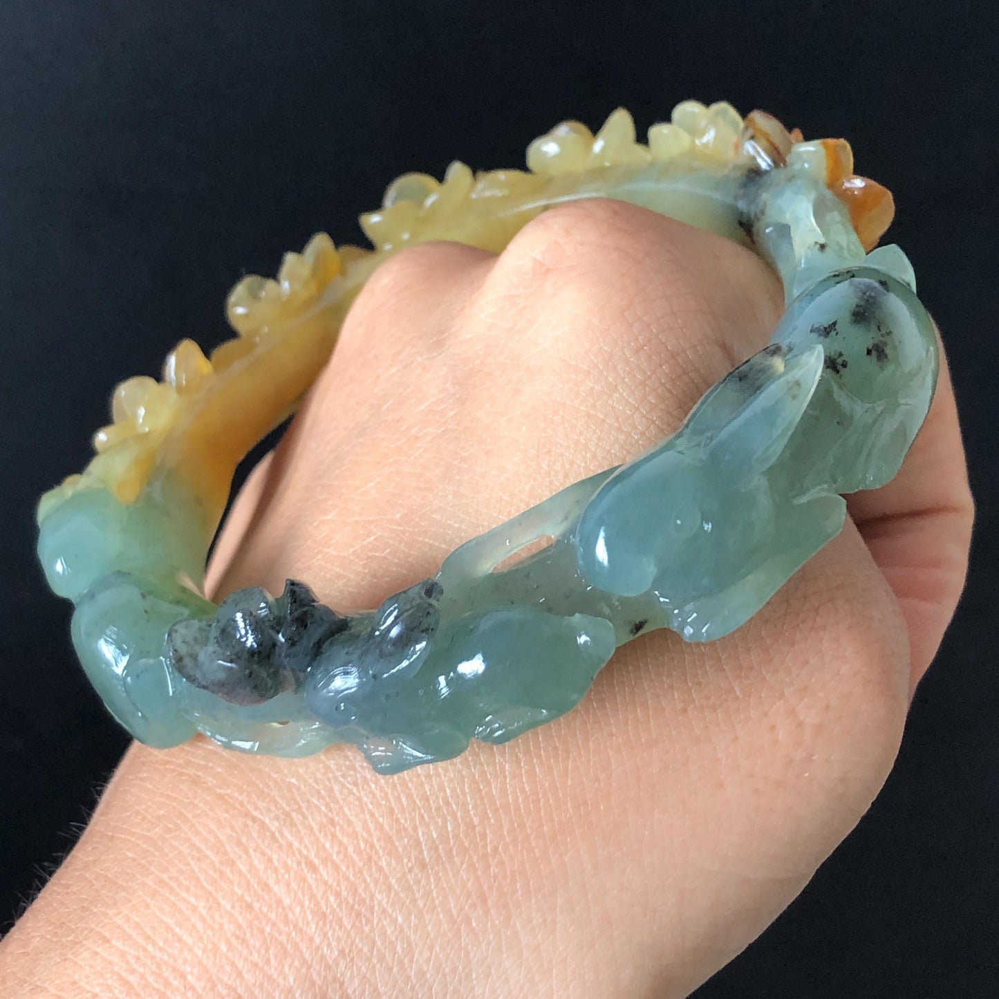 50mm-64mm Customised Size Natural Xiu Jade Serpentine Hand Carved rabbite bunny and flowers Bangle | Yellow Green Jade Personalized Tailor-made Bracelet make-to-order bangle hand engraved bracelet green jade yellow jade carving rabbit carving flower carving hand carved bunny carved jade bangle tailor made jade bracelet customized jade bangle certified natural untreated jade with certificate big size bangle small size bangle 60mm bangle green jade blue jade brown jade yellow jade POD bangle