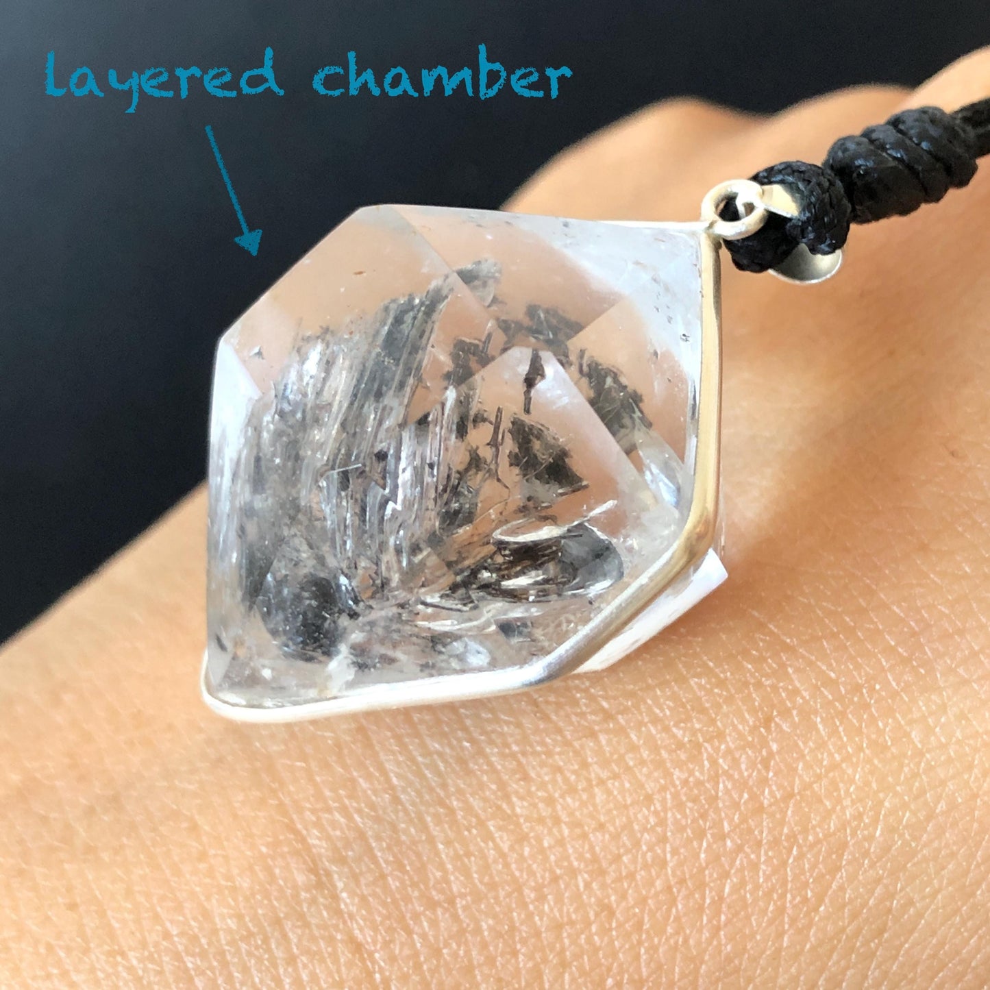 Rare Herkimer Diamond Sterling Silver Pendant Adjustable Necklace | Polished Enhydro Crystal | Multiple Moving Sand Waterfall & Big Bubble | Natural Gemstone Birthstone Gift for her | Multiple Moving Sand & Rainbow crystal enhydro quartz sand water-fall pendant necklace choker gemstone charm stone pendant choker irregular stone pendant huge crystal charm birthstone gift for her men necklace chakra crystal purify stone minerals specimen adjustable choker