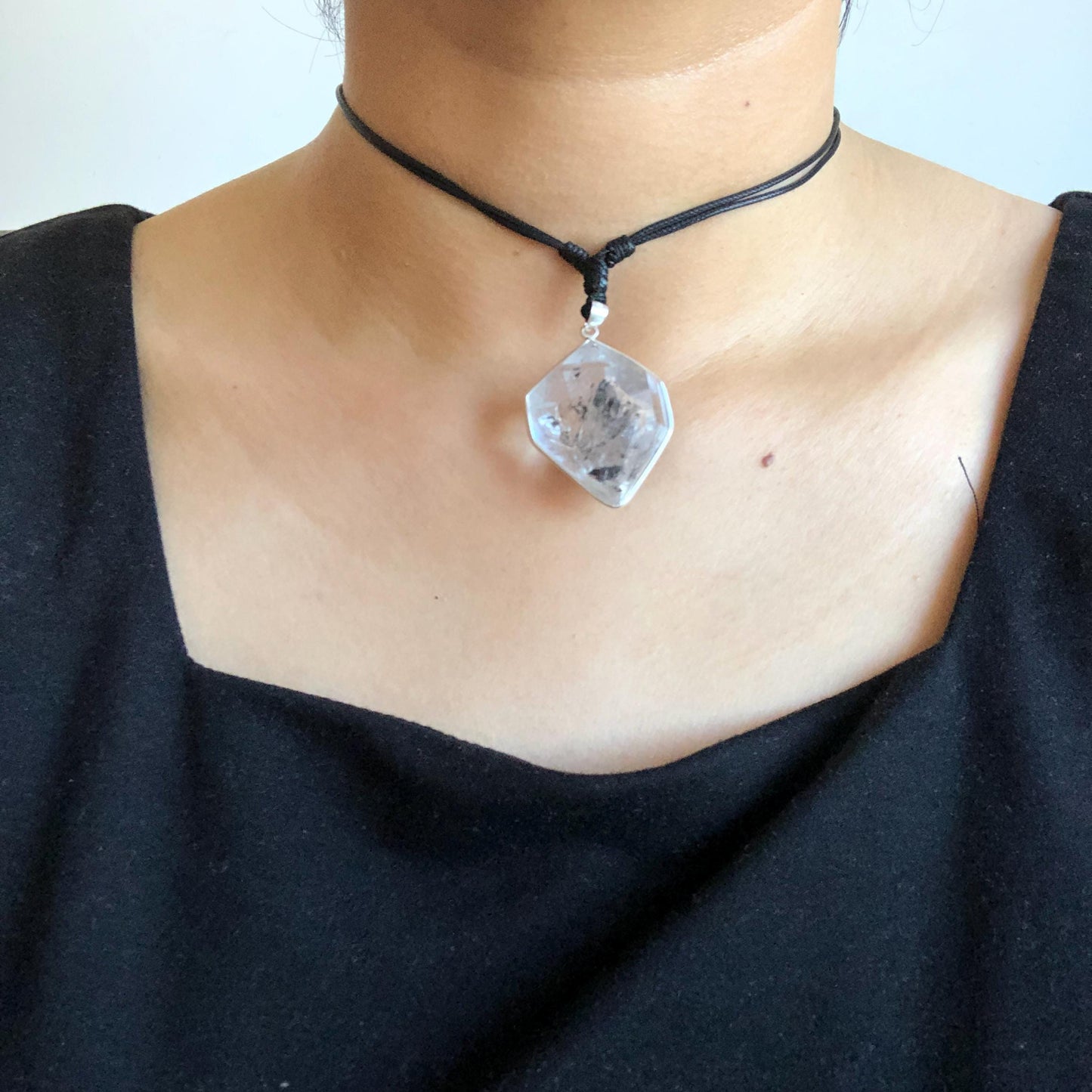 Rare Herkimer Diamond Sterling Silver Pendant Adjustable Necklace | Polished Enhydro Crystal | Multiple Moving Sand Waterfall & Big Bubble | Natural Gemstone Birthstone Gift for her | Multiple Moving Sand & Rainbow crystal enhydro quartz sand water-fall pendant necklace choker gemstone charm stone pendant choker irregular stone pendant huge crystal charm birthstone gift for her men necklace chakra crystal purify stone minerals specimen adjustable choker