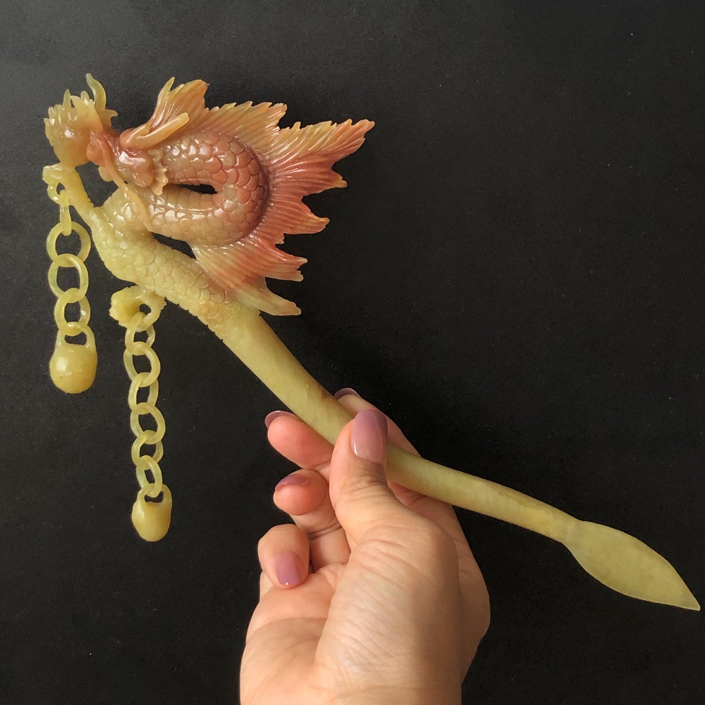 Certified Natural Xiu Jade Serpentine Hand Carved Soaring Golden Fire Dragon Hair Pin with Dangle | Gold Red Jade Hair Stick | Asian Vintage Hair Fork Gift for her japanese hairpin korean hair stick hanfu hair fork vintage hair comb antique hair pins dragon carving hand engraved dragon red jade gold jade yellow jade carving hand carved dragon hair stick fire dragon golden dragon wedding headpiece bridal hair jewelry engagement hair accessory antique hair fork