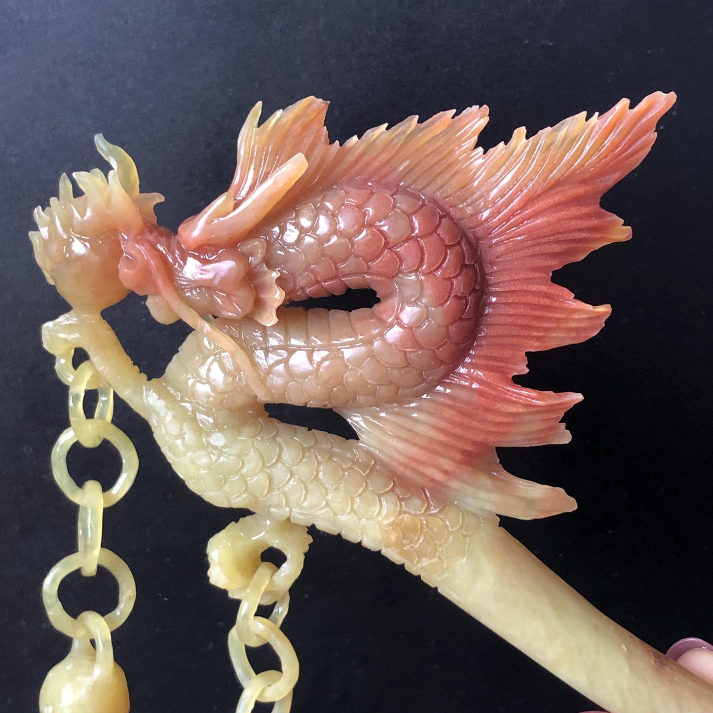 Certified Natural Xiu Jade Serpentine Hand Carved Soaring Golden Fire Dragon Hair Pin with Dangle | Gold Red Jade Hair Stick | Asian Vintage Hair Fork Gift for her japanese hairpin korean hair stick hanfu hair fork vintage hair comb antique hair pins dragon carving hand engraved dragon red jade gold jade yellow jade carving hand carved dragon hair stick fire dragon golden dragon wedding headpiece bridal hair jewelry engagement hair accessory antique hair fork