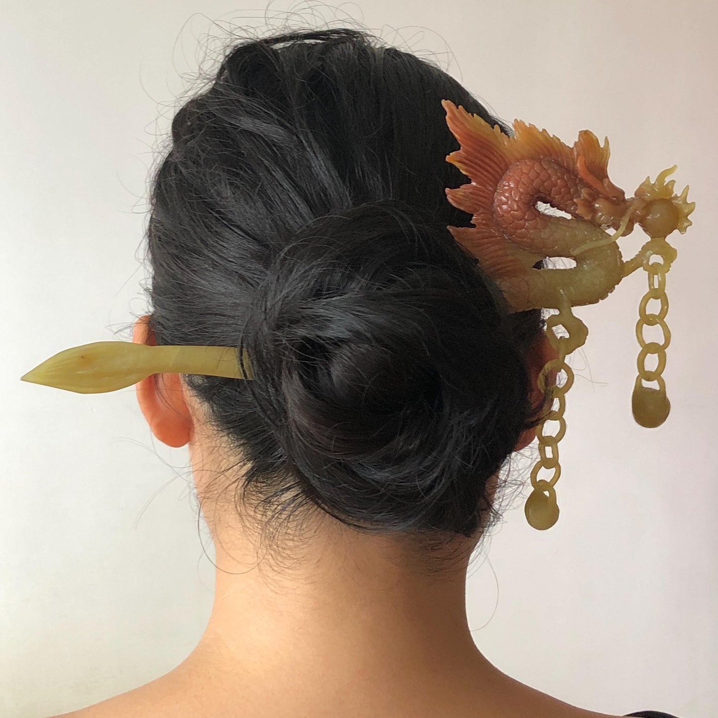 Certified Natural Xiu Jade Serpentine Hand Carved Soaring Golden Fire Dragon Hair Pin with Dangle | Gold Red Jade Hair Stick | Asian Vintage Hair Fork Gift for her japanese hairpin korean hair stick hanfu hair fork vintage hair comb antique hair pins dragon carving hand engraved dragon red jade gold jade yellow jade carving hand carved dragon hair stick fire dragon golden dragon wedding headpiece bridal hair jewelry engagement hair accessory antique hair fork